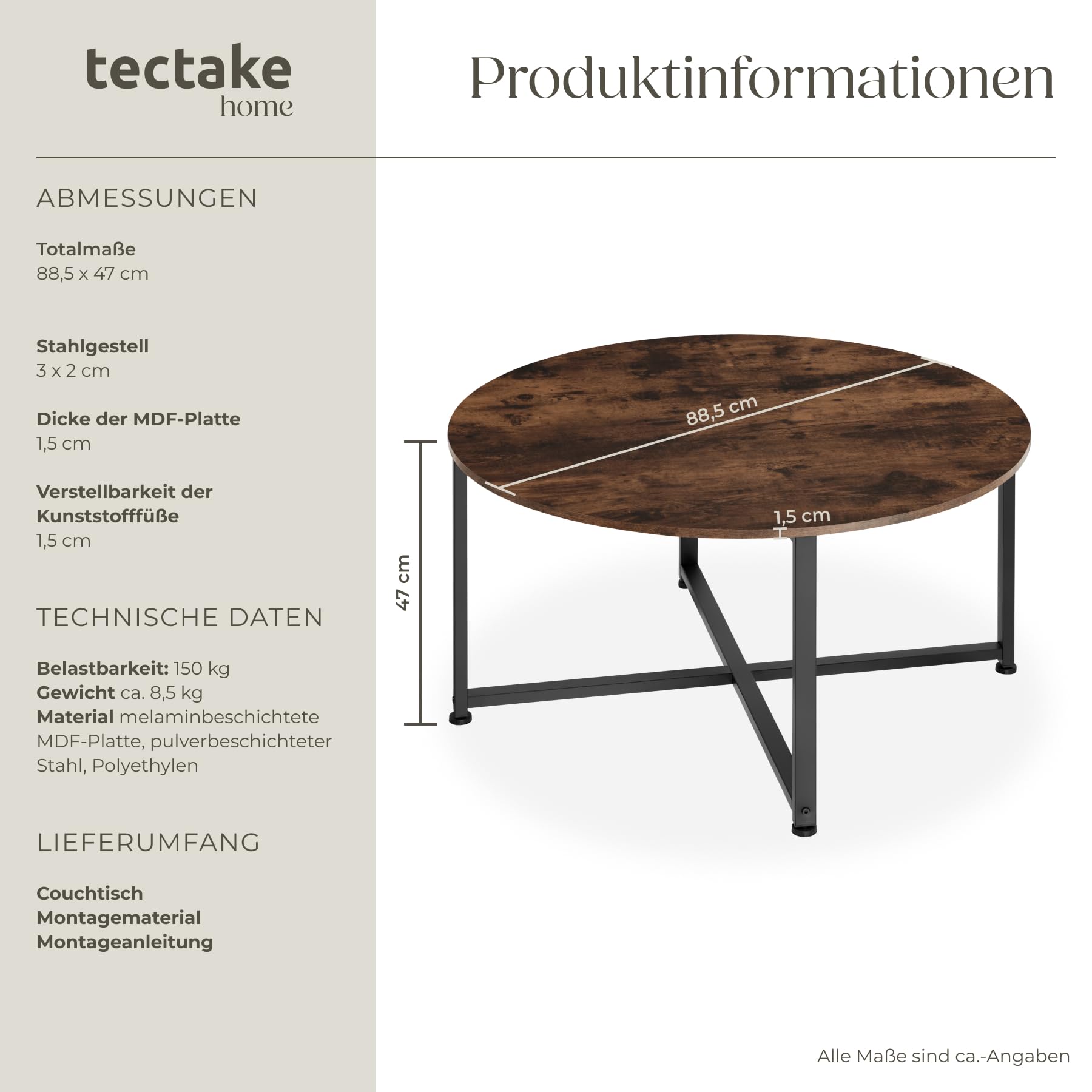 tectake® Couchtisch rund Holz und Metall, Beistelltisch rund, runder Tisch Wohnzimmer, Sofatisch, Wohnzimmertisch, Coffee Table Ø 88,5 cm, einfache Montage - Industrial Holz dunkel, rustikal