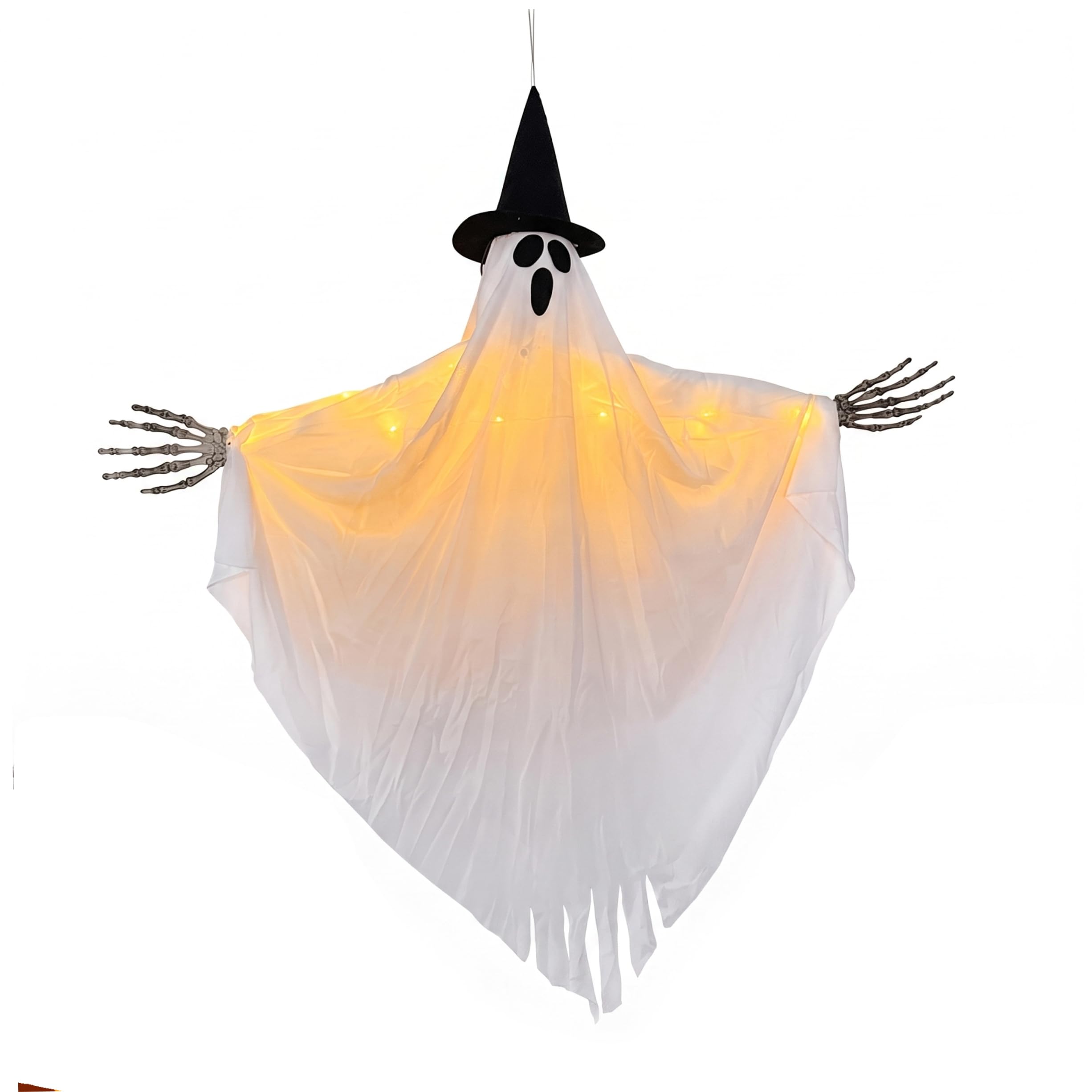 Takingup Swinging Ghost Decoration, Outdoor Glowing Halloween Ghost with Witch Hat and Claw, White Cloth Hanging Ornament Swinging