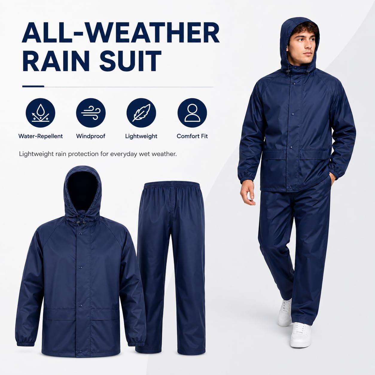 Men's Lightweight Rain Suit, Waterproof Hooded Jacket and Pants Set, Packable Polyester Rain Gear for Golf image 2