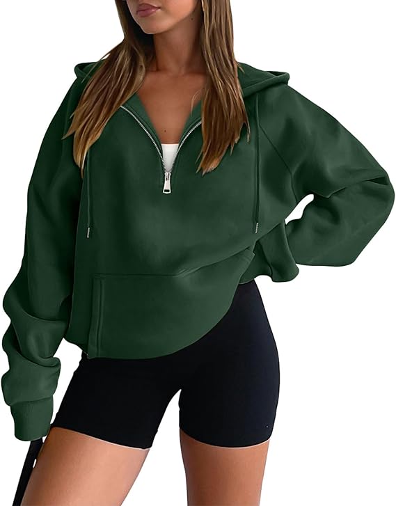 onlypuff Women Half Zipper Pullover Sweatshirt Long Sleeve Hoodies Kangaroo Pocket Fleece Basic Sweater