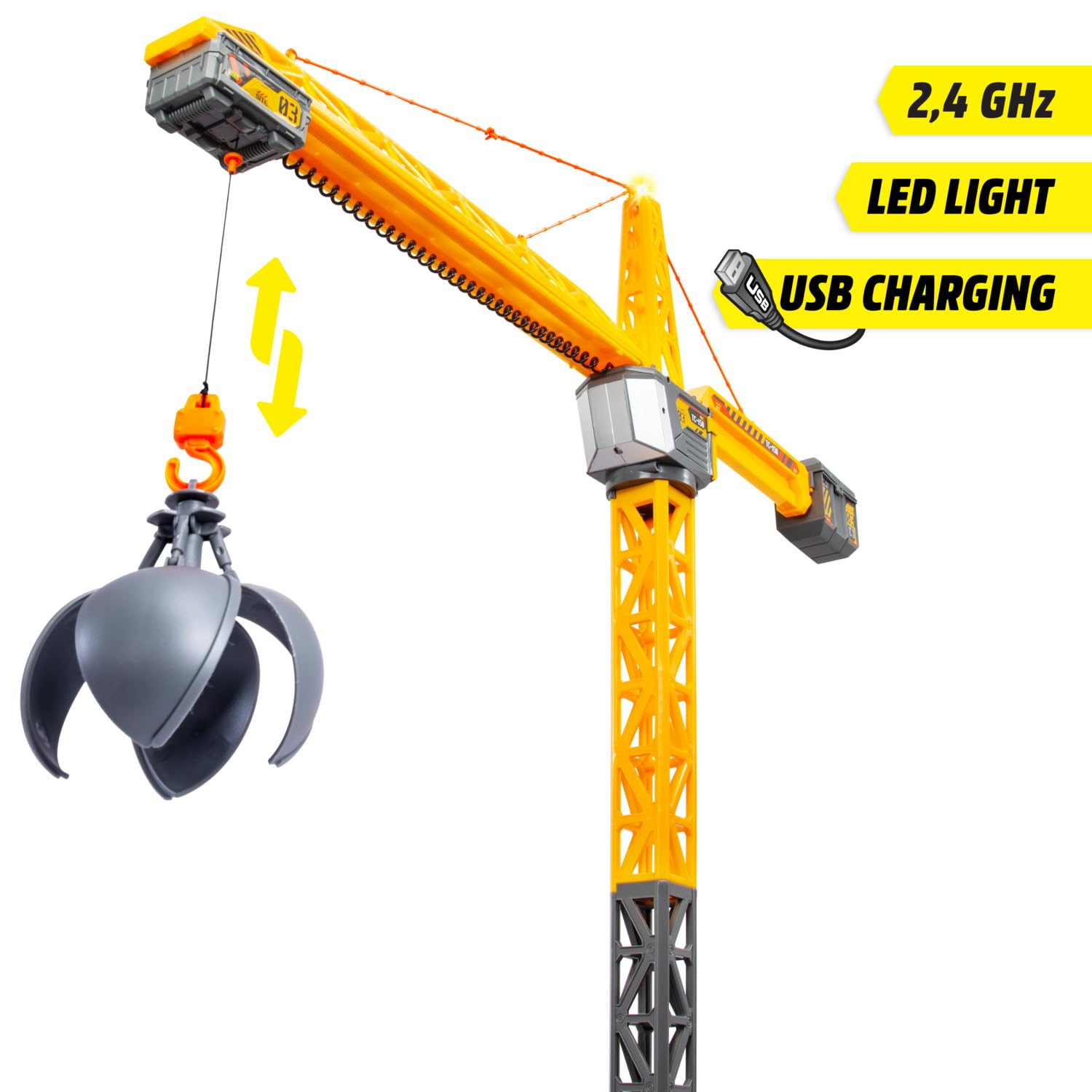 Dickie Toys 203729023 Dźwig Zdalnie sterowany radiowo 2,4GHz;obrót 360°;światło; akcesoria: wiaderko, taca, otwierana kula. Wysokość: 150 cm.