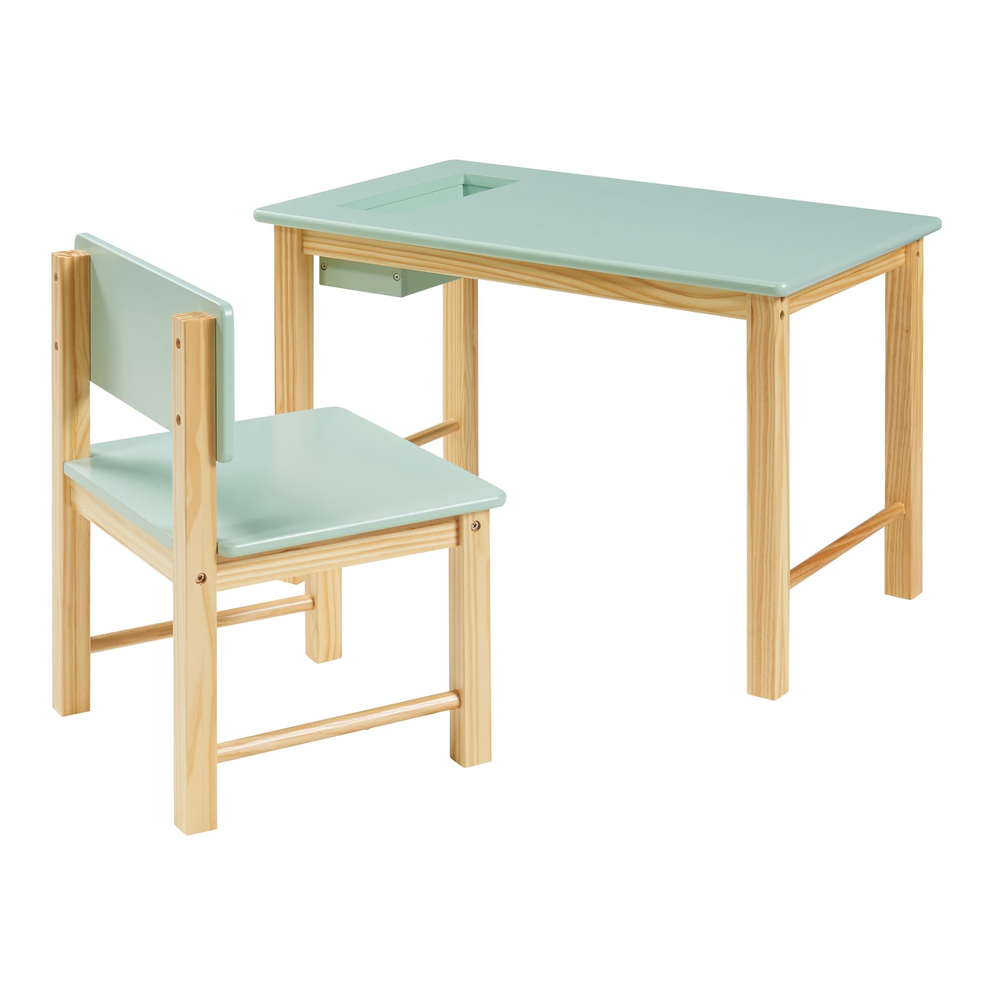 [en.casa] Set Mobili per Cameretta Tavolo e Sedia per Bambini Scrivania con Contenitore Integrato Arredo a Misura di Bimbi per Gioco Disegno Studio - Legno Naturale/Menta Verde
