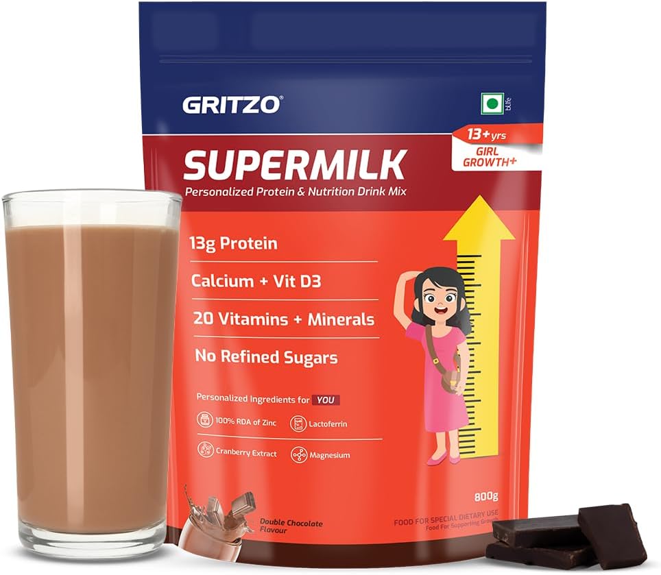 SuperMilk Growth+ (Formerly Height+) (13+y Girls), 13g Protein Powder (Double Chocolate, 800g) | Zero Refined Sugar, 20 Vitamins & Minerals