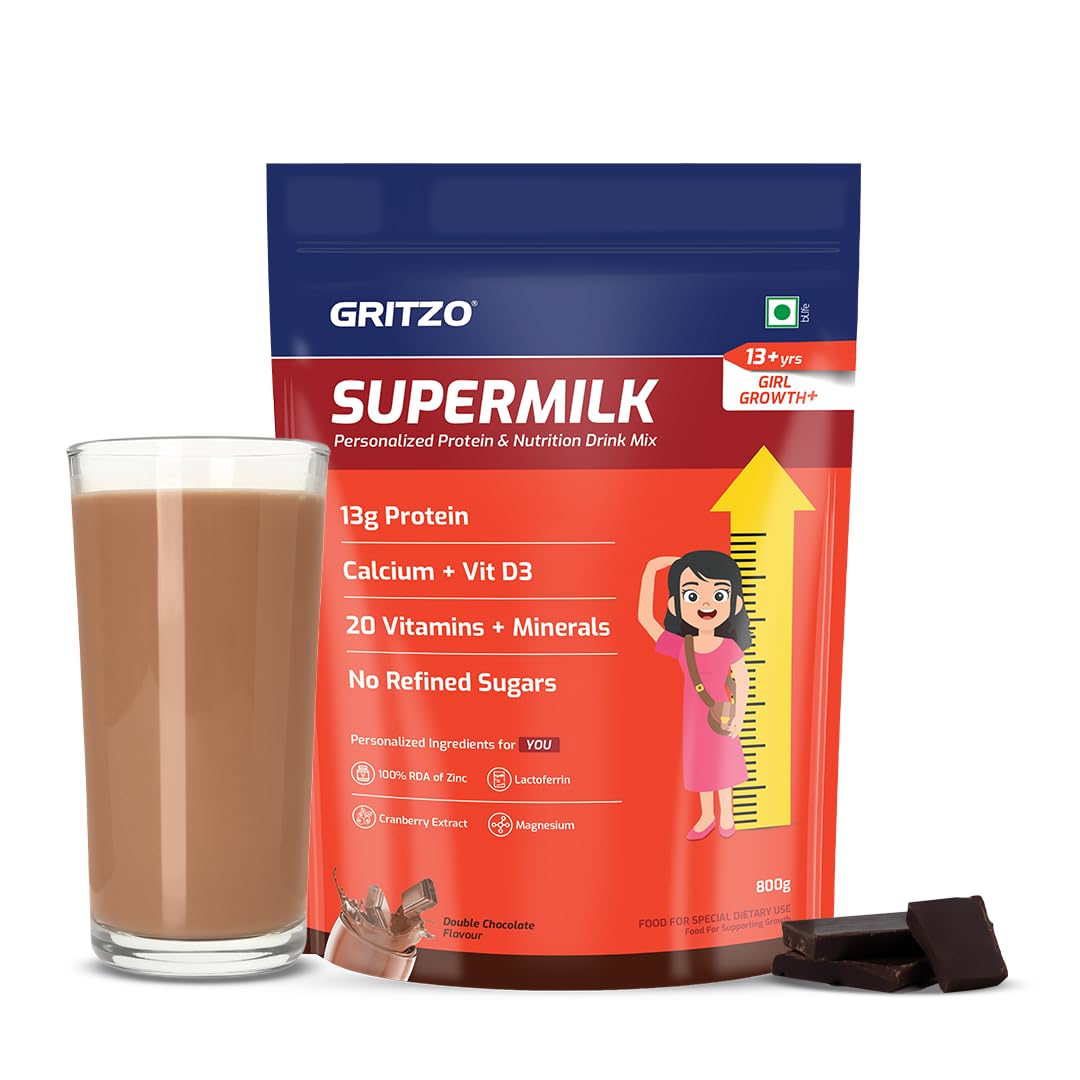 SuperMilk Growth+ (Formerly Height+) (13+y Girls), 13g Protein Powder (Double Chocolate, 800g) | Zero Refined Sugar, 20 Vitamins & Minerals