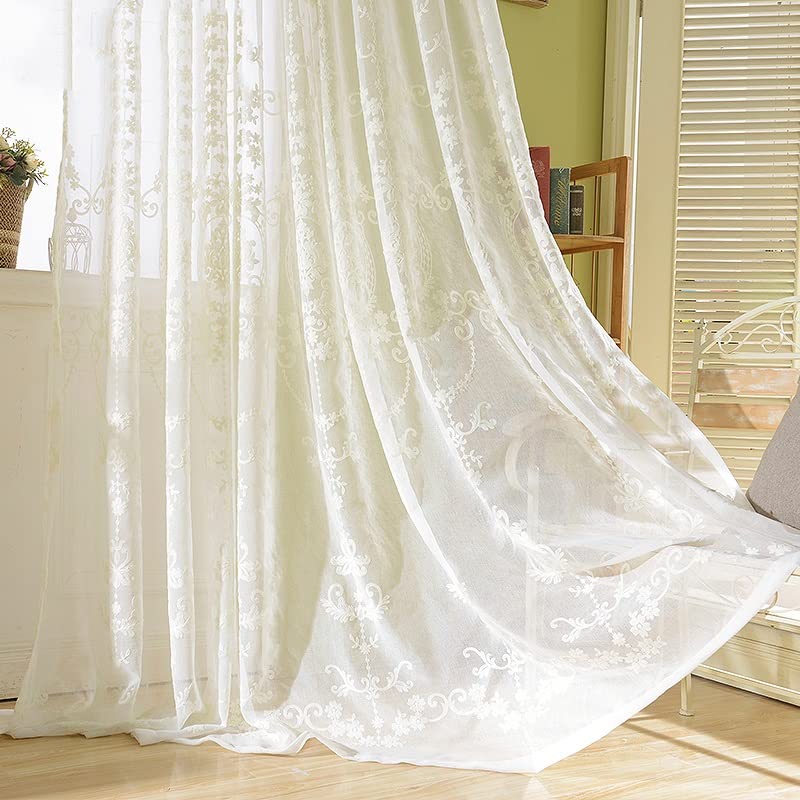 Rideaux voilages blancs anti-vis-à-vis en voile sablé semi-transparent pour grand salon