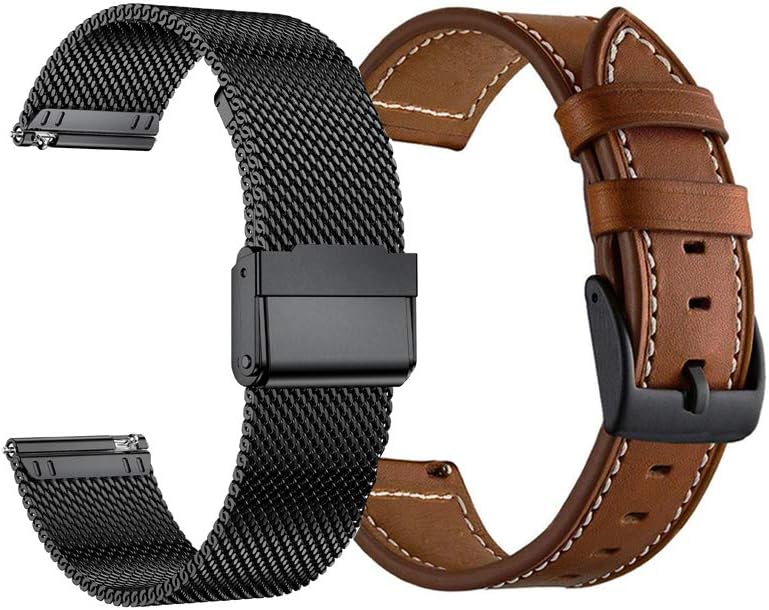 22mm Bands Compatible for Fossil Men's Gen 6/5E 44mm/ Gen 5 LTE/Carlyle/Garrett/Women's Julianna/Gen 4 Explorist HR, Metal Woven Milanese Band & Leather Strap, Black+Brown