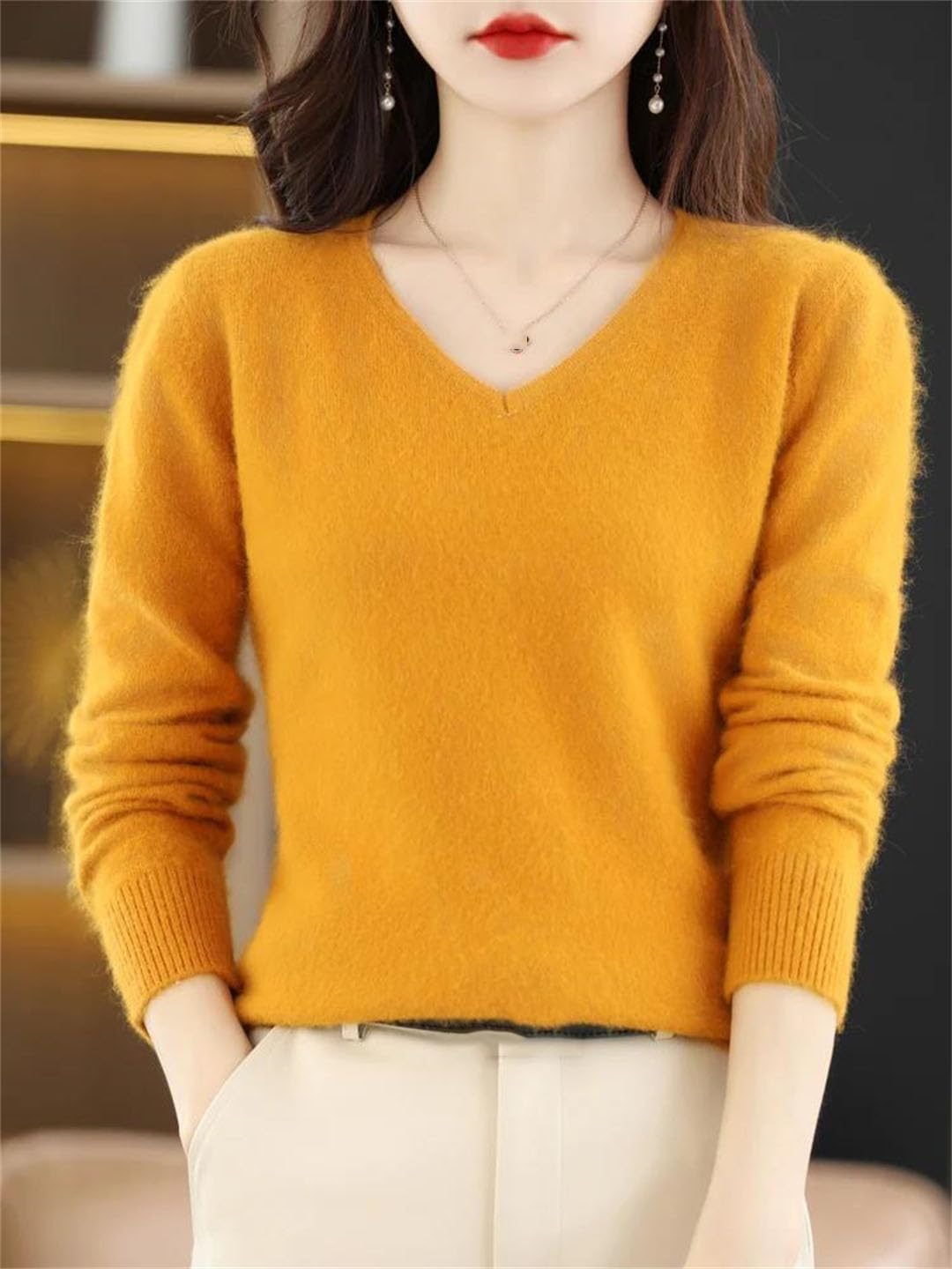 Maglione da donna caldo in cashmere con scollo a V, invernale, elastico, morbido, casual, basic