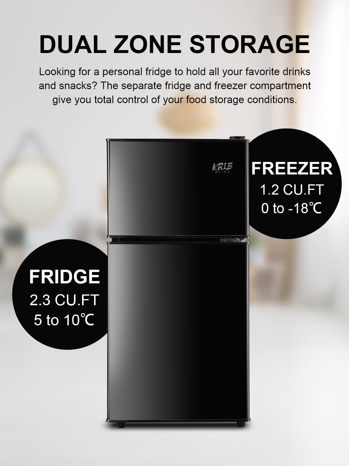 Krib Bling Compact Refrigerator 3.5 Cu.Ft Refrigerator With Freezer With 7 Level Adjustable Thermostat Control 2 Door Energy Saving Top-Freezer Black on Fridge.com - View 3