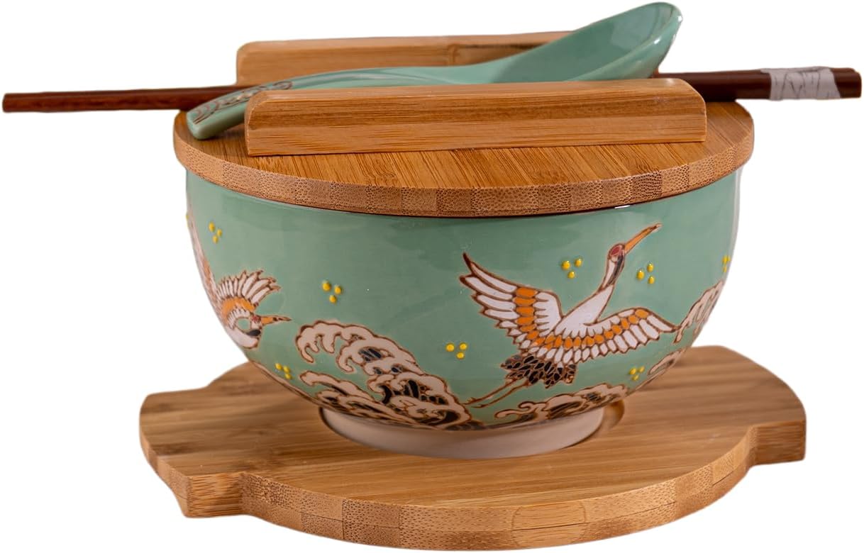 Japanese Kamameshi Style Rice Noodle Bowl with Bamboo Lid Trivet Chopsticks and Porcelain Spoon Bowl Set (Japanese Crane)