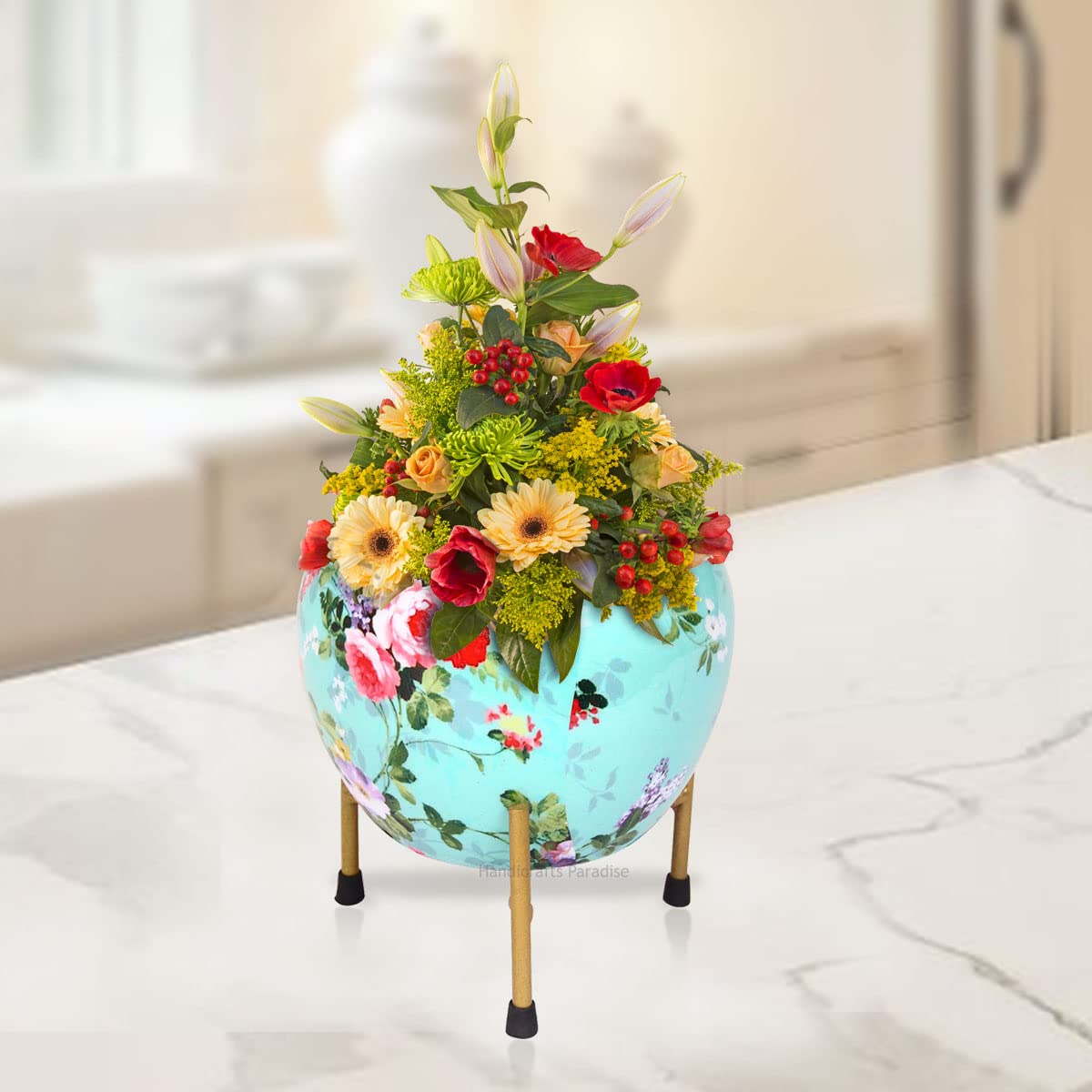 Handicrafts Paradise Plant Flower Pot Planter with Iron Stand Hand Painted Flower Patterns for Home Décor 6 x 6 x 6 Inches
