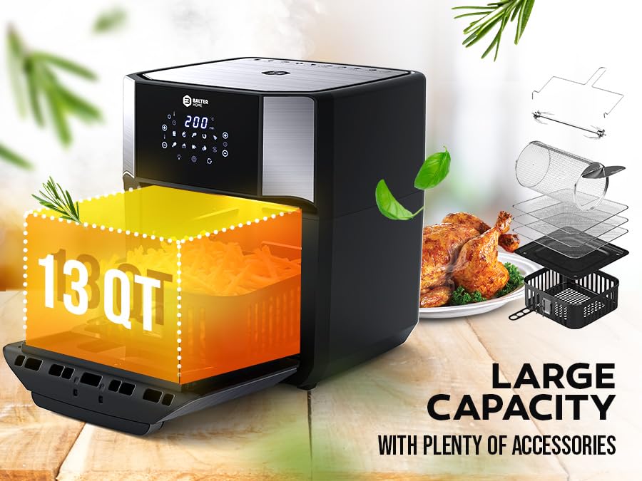 Image of Balter Air Fryer Oven 6-in-1, 13 QT XXL Airfryer, stainless steel, Touchscreen, Rotisserie, Food Dehydrator, Convection Oven, Bake, Broil, Reheat, Windowed Door, Recipe Book