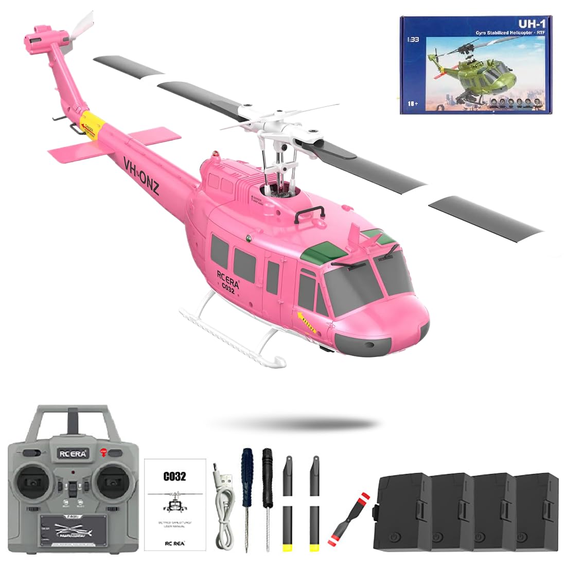 RC ERA C032 RC Helicopter, 1/48 Scale 2.4G 6CH UH-1 Huey Flybarless RC Helicopter, 6-Axis Gyroscope Stabilization, with Altitude Hold & 3D Inverted Flight for Adults Enthusiasts, 4 Battery