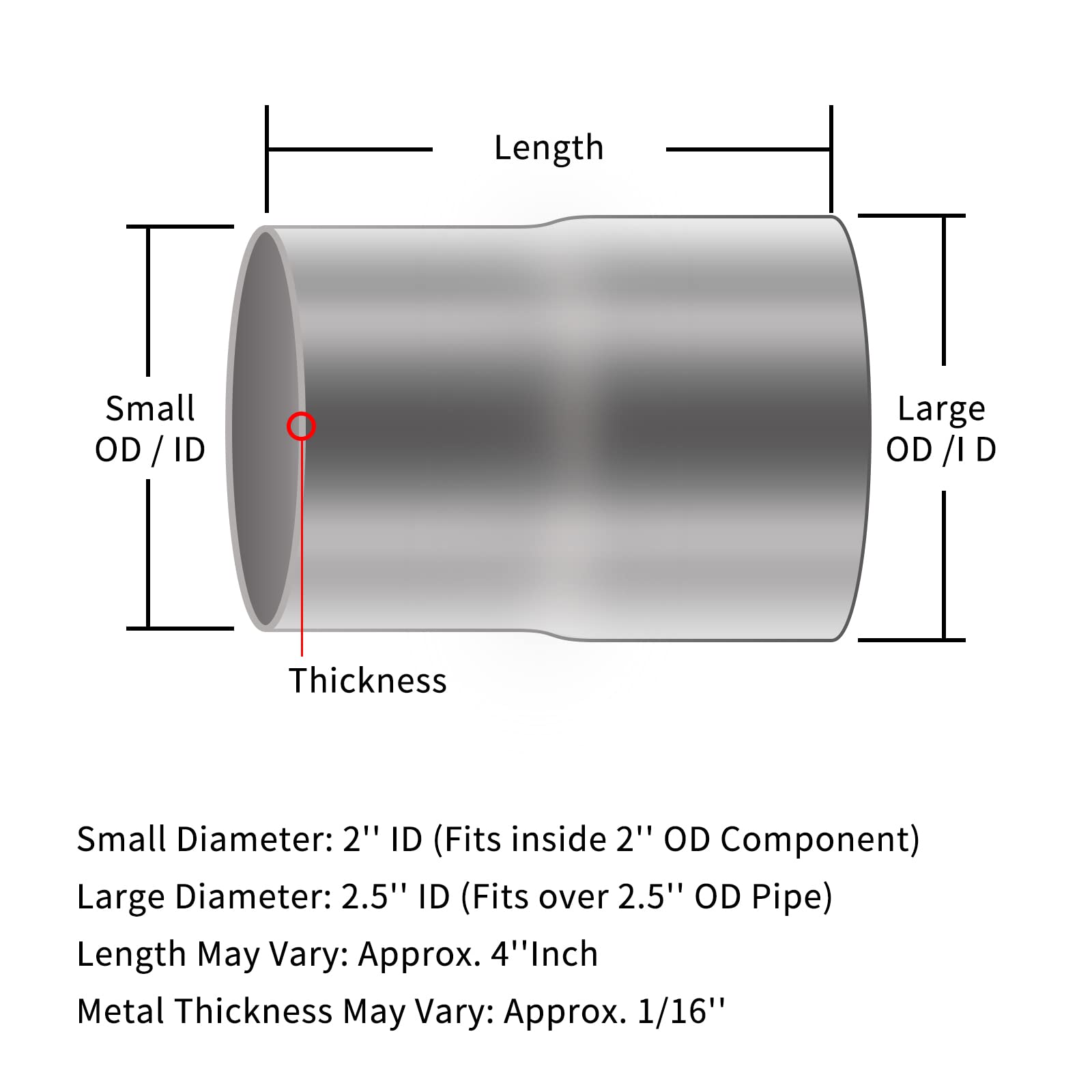 8SC82 Exhaust Pipe Reducer Component Adapter 2 Inch ID to 2.5 Inch ID 4 Inch Length Polished 304 Stainless Steel Universal 2"ID to 2.5"ID Exhaust Pipe Reducer Adapter-2PCS