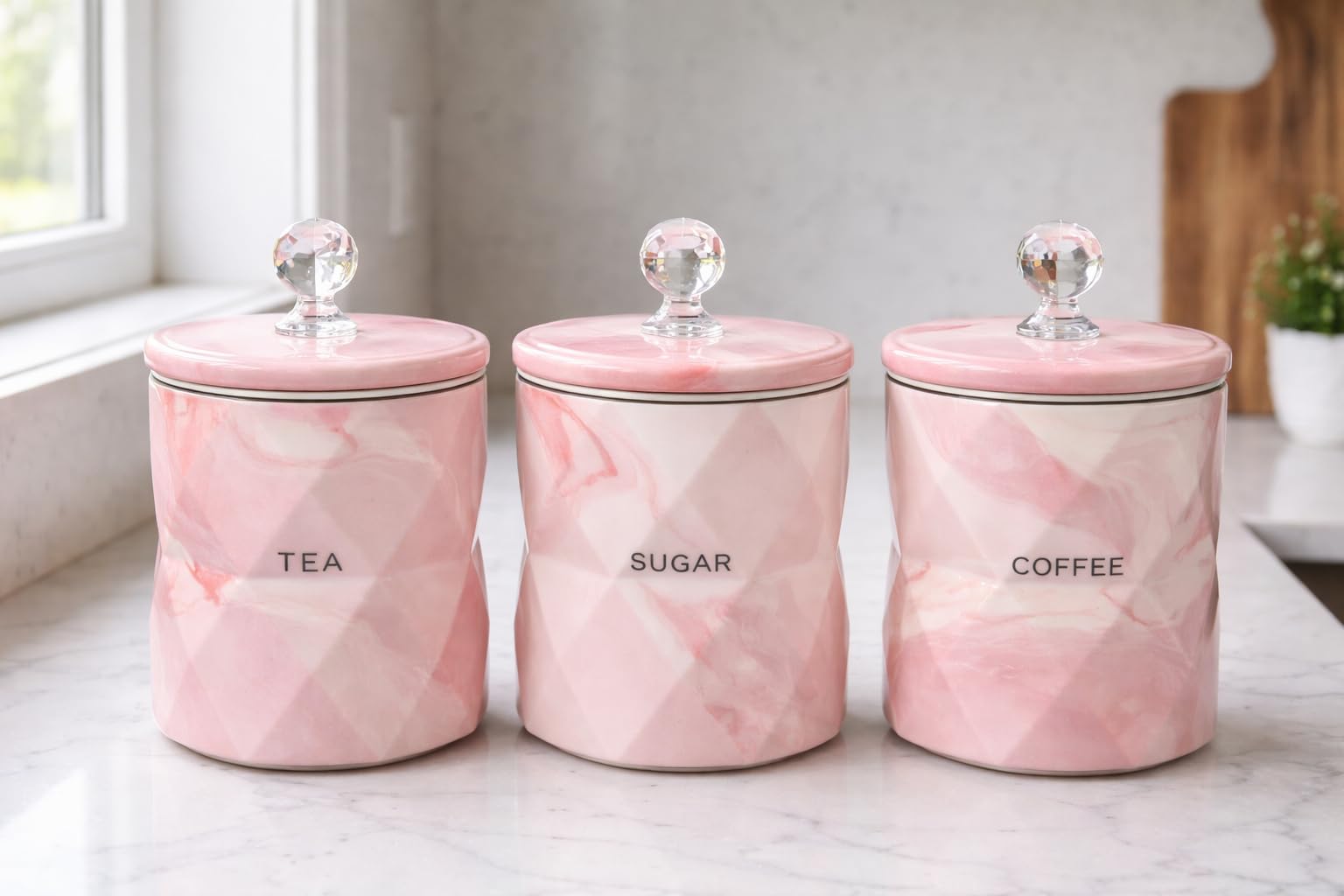 Bmlimited Pink Bml Tea Coffee Sugar Canister Marble Effect Kitchen Storage Jars With Airtight Crystal Lids Modern Countertop Containers Gift Set