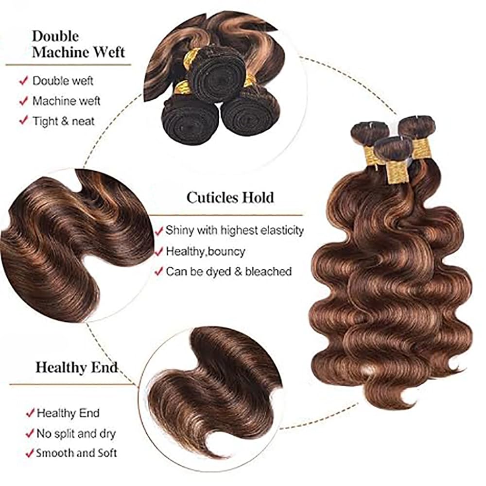 Body Wave Human Hair Bundles Echthaar Tressen Bündel Menschliches Haar Human Hair Extensions Double Weft Weave 50g/Piece Highlight Brown P4/30 Color 26 28 30 Zoll
