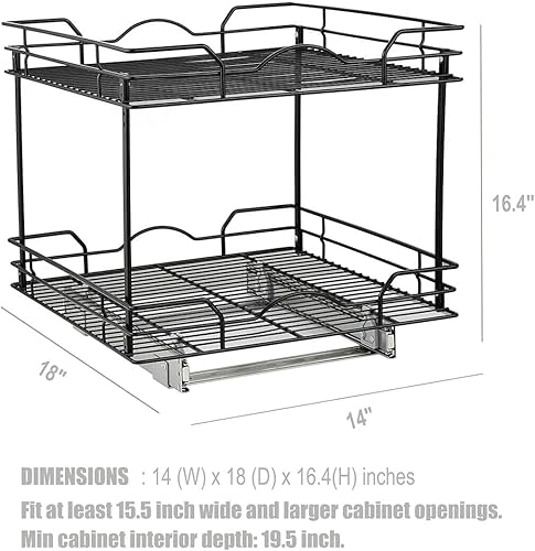 Miniatura 2 de OCG Pull Out Cabinet Shlef 14" W x 18" D, 2 Tier Heavy Duty Slide Out Shelves, Pull Out Drawer for Cabinet, Black
