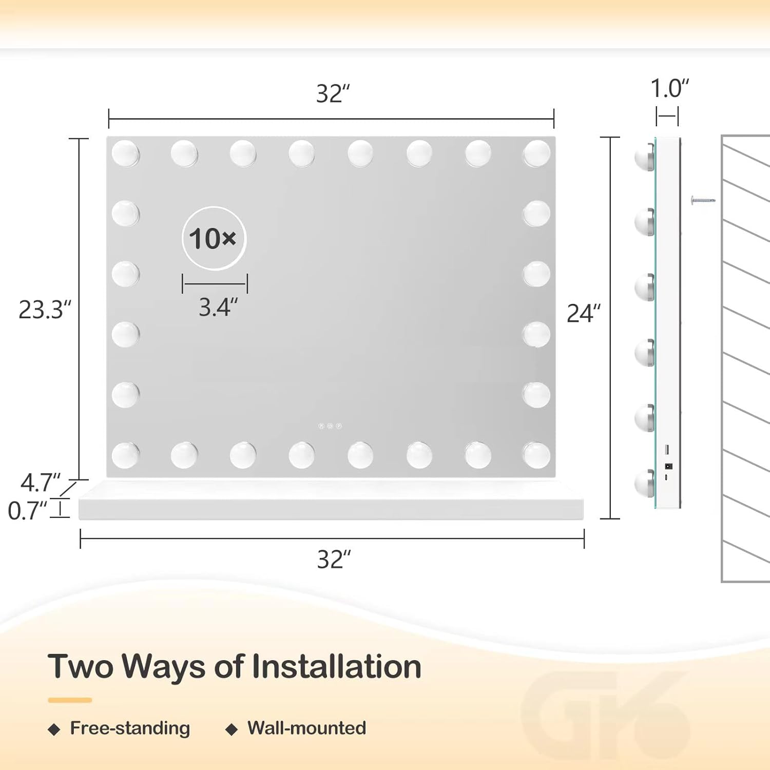 18 Extra Bulbs Vanity Mirror with Lights with USB & Type-C Charing, 32WX24L Tabletop Hollyhood Makeup Mirror, Lighted Vanity Mirror,3 Colors Modes,Touch Control,Metal Frame,White