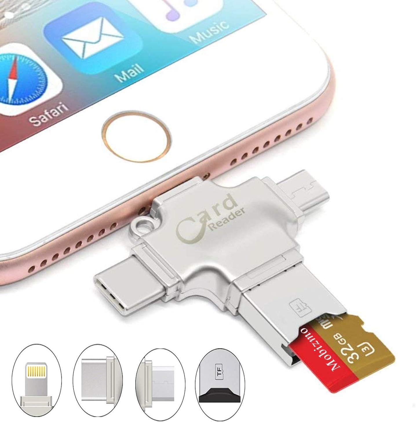 Mobizmo 4 in 1 OTG Card Reader Four Ports : Lightning + Type C + Micro USB + USB Card Reader - Like Iflash, Idisk for iPhone, Ipad, Micro USB, SDHC Lightning Flash Drive. (Mobizmo Plus, Silver)