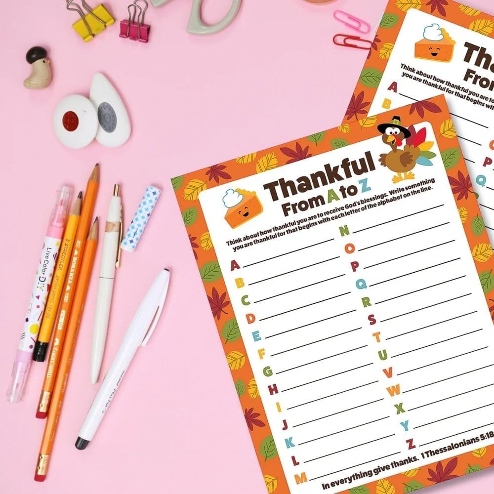 Religious Multicolor "Thankful From A to Z" Paper Activity Sheets - 8.5" x 11" (Pack of 24) - Ideal for Sunday School, Church Events, and Thanksgiving Activities