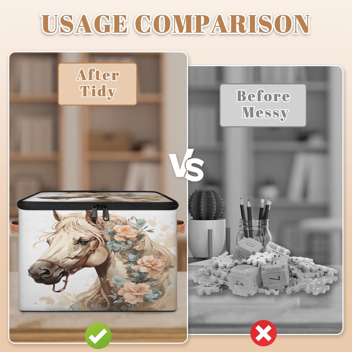 Storage Bin Set of 2 Horse Floral Storage Basket with Zipper Lid & Handle Foldable Closet Shelf 2 Pack Cloth Organizer Basket Cube Bins Clothes Organizer for Bedroom, Nursery