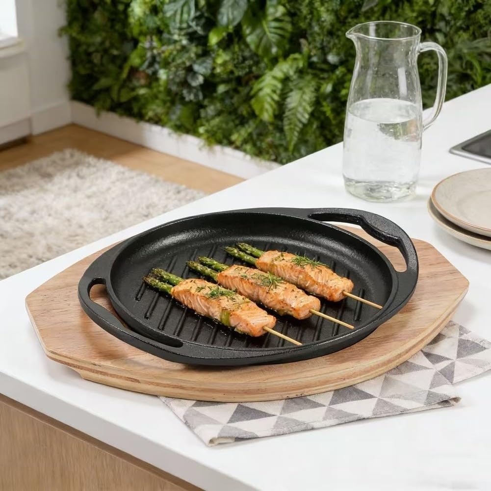 Bistecchiera in ghisa con doppio manico per bistecca e barbecue, per padella robusta per cottura a gas e induzione, superficie antiaderente, nero (5026)
