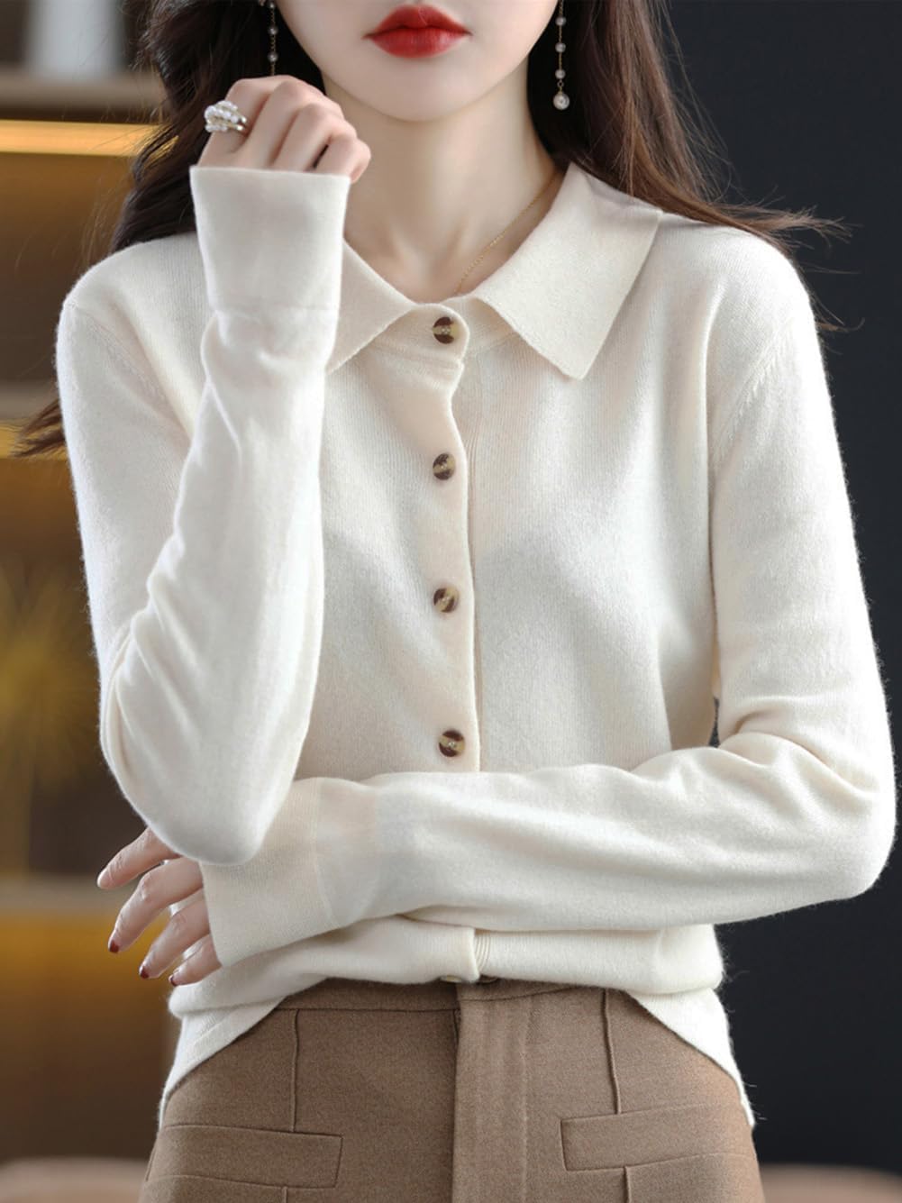 100% Merino Wool Sweaters Women's Fall Winter Warm Soft Knitted Shirt Lapel Polo Collar Cardigan Long Sleeves - Image 5