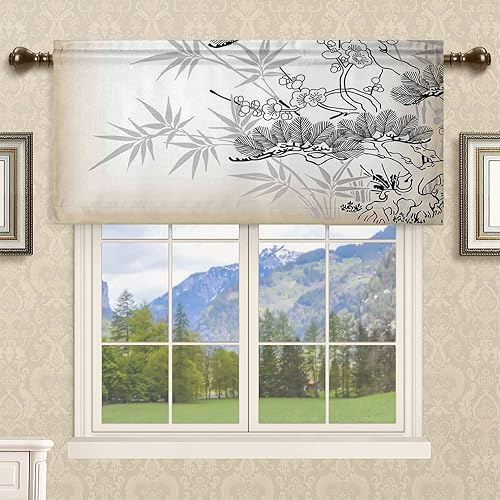 Miniatura 2 de Cortina cenefa, patrón japonés floral, cortinas de cocina, con bolsillo para cortina, cenefa de tratamiento para ventana de baño, 42 x 18 pulgadas,