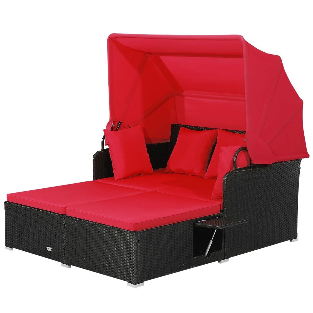 RELAX4LIFE Patio Rattan Daybed, Wicker Sun Bed Lounger Couch with Retractable Canopy, 2 Folding Side Trays & Soft Cushions, Outdoor Double Sofa Bed Garden Furniture Set for Porch Poolside (Red)