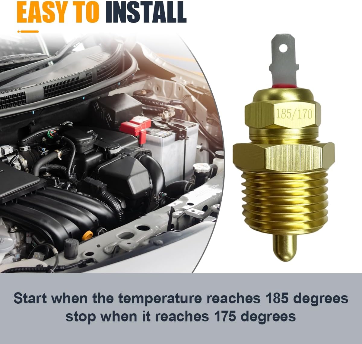 3/8" NPT Fan Thermostat Temperature Switch 185 to 170 Degree, Auto Electric Engine Cooling Fan Thermal Sensor Switch with Brass Body, Fits 10" 12" 14" 16" Radiator Fans, Dual Fan Compatible