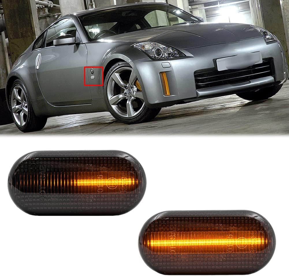 2Pcs Dynamic Sequential Blink Amber Full Led Side Marker Lights Smoked Lens for Ni.ssan Z33 350Z Fairlady Z 2003-2009 Front Fender Turn Signal Light Replace OEM Sidemarker Lamps