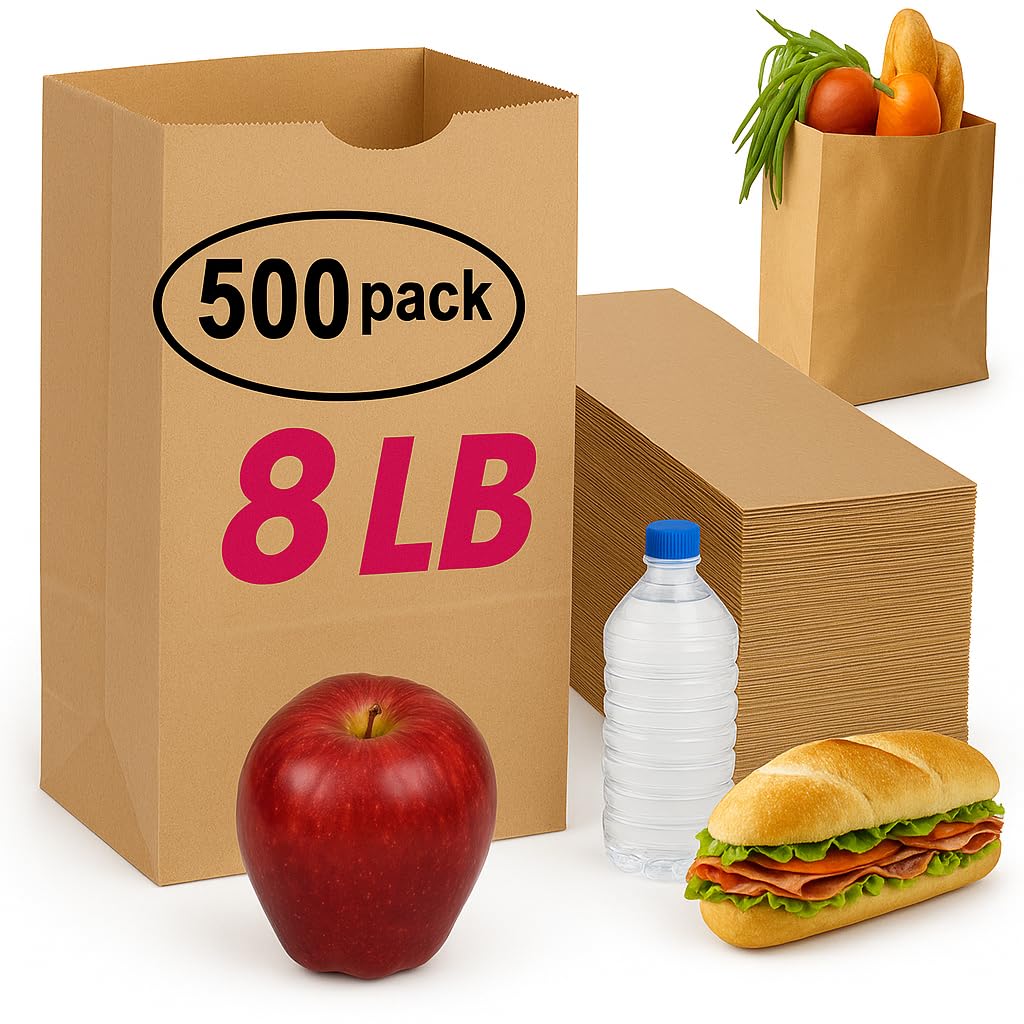 8 lb Brown Paper Lunch Bags – 500 Count Kraft Paper Bags, Large Recyclable Brown Sacks for Sandwiches, Snacks, Grocery, Crafts, Parties & Bulk Use