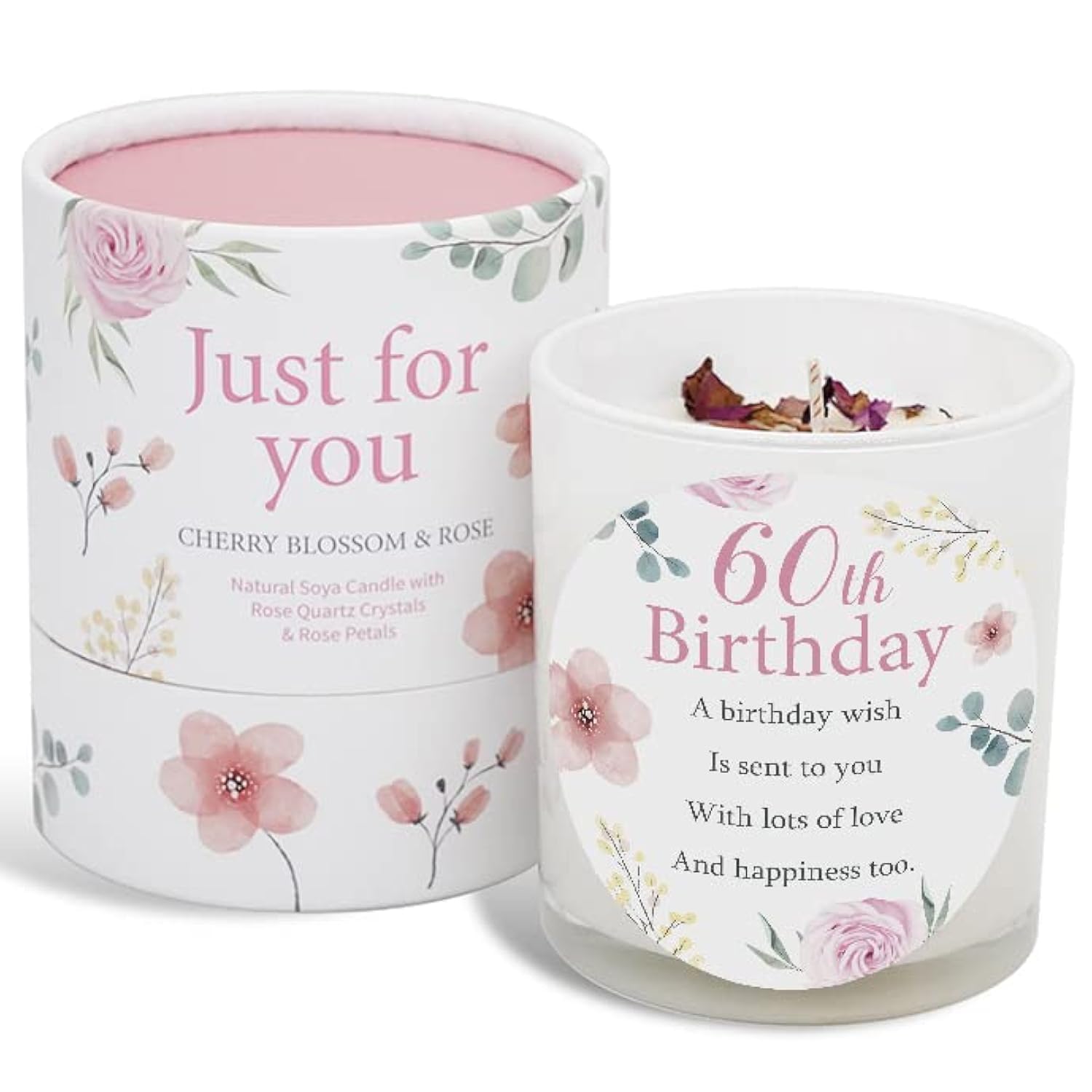 Gemini Gifts Pink 60Th Birthday Candle Makes A Great Gift For 60Th Birthday Gifts - Ideal For Sixtieth Birthday Gift Soya Candle With Rose Quartz And Rose Petals