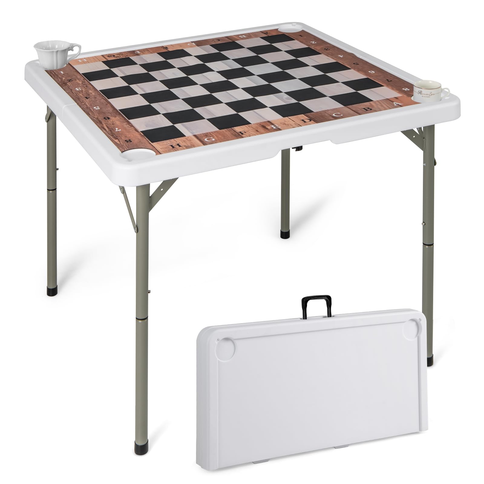 COSTWAY Table d'échecs Pliable 90x90cm avec Tapis & 4 Porte-gobelets, Table Carrée de Jeu en Plastique Portable avec Poignée & Patins Antidérapants, Echiquier pour Fête Pique-Nique Camping