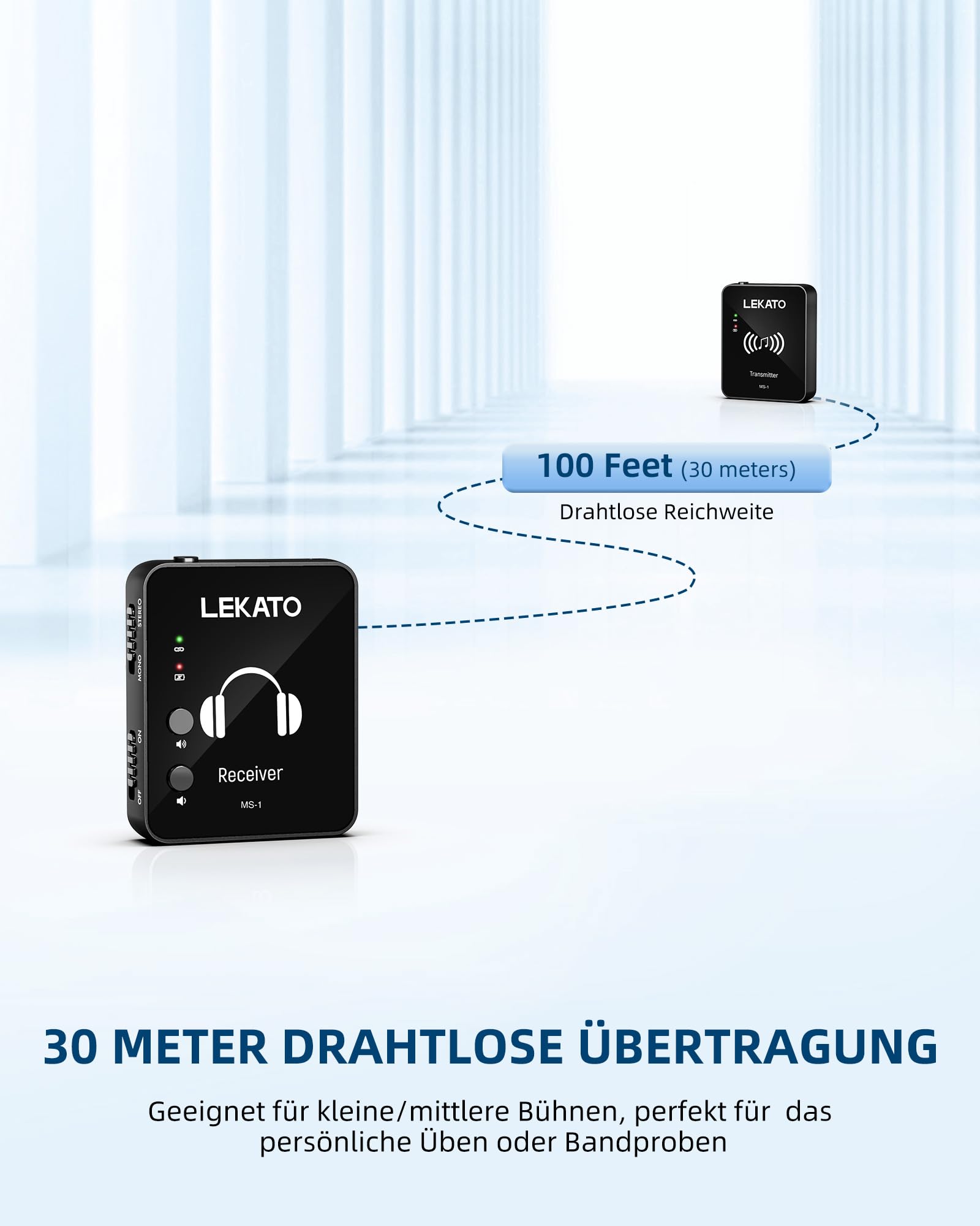MS-1 Drahtloses In-Ear Monitoring, LEKATO Professionelles kabelloses 2.4G Stereo IEM-System mit Sender & Empfänger Betrieb im Mono- und Stereo-Mode Geeignet für Studio Live-Auftritt und Musiker