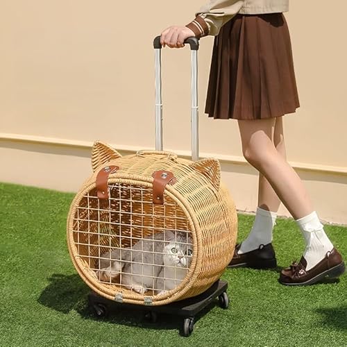 LIVIA ペットキャリーバッグ キャスター付き 5輪360°回転 多機能 猫 小型犬 キャスター 大容量 小動物 伸縮ハンドル 12.5kgまで リュック キャリーカート 通気性 散歩 旅行 通院 防災避難用 (猫型キャリースーツケース)