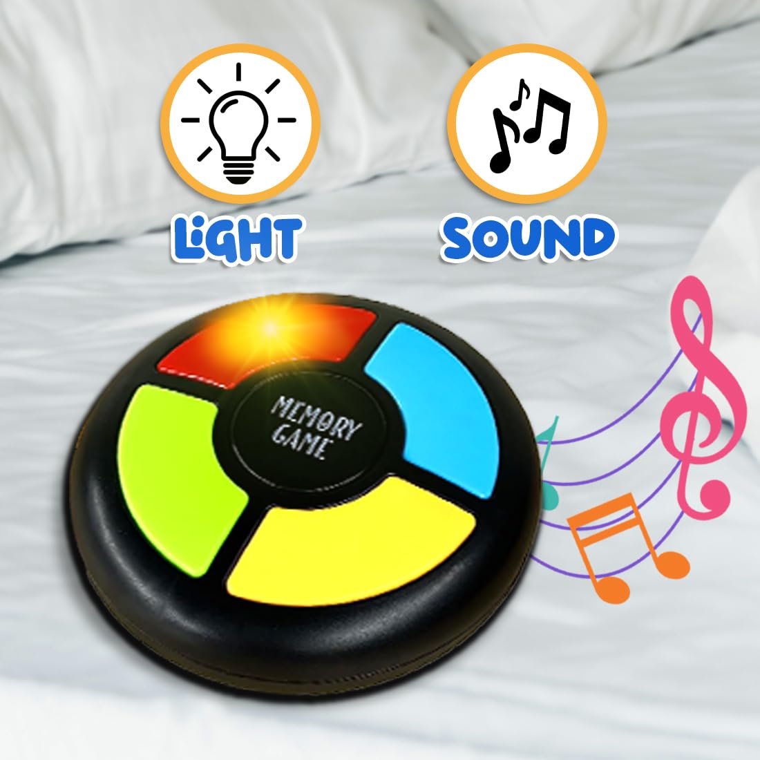 Wembley Glow Quest Memory Handheld Game (Circle)| Interactive Fun Game for Kids| Indoor Game with Lights and Sounds| 30-Level Brain Challenge| Birthday Gift for Boys & Girls Ages 7 & Up (Multicolor)