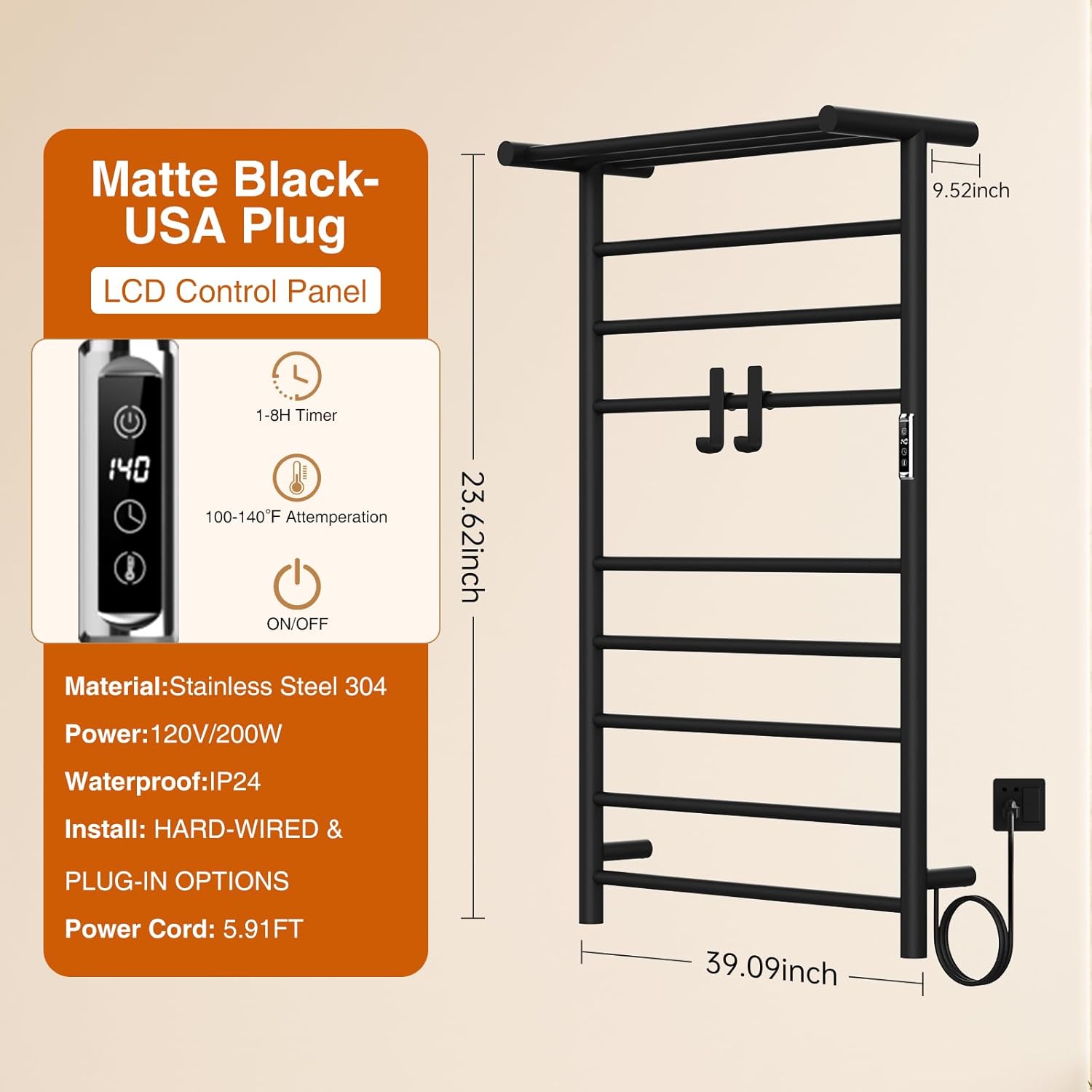 Towel Warmer Rack, 3+3+5 Bars Wall Mounted Towel Heater Towel Warmer with Timer and LED Indicator for Bathroom Hard-Wired/Plug-in Towel Drying Rack (Black-3+3+5 Bars)