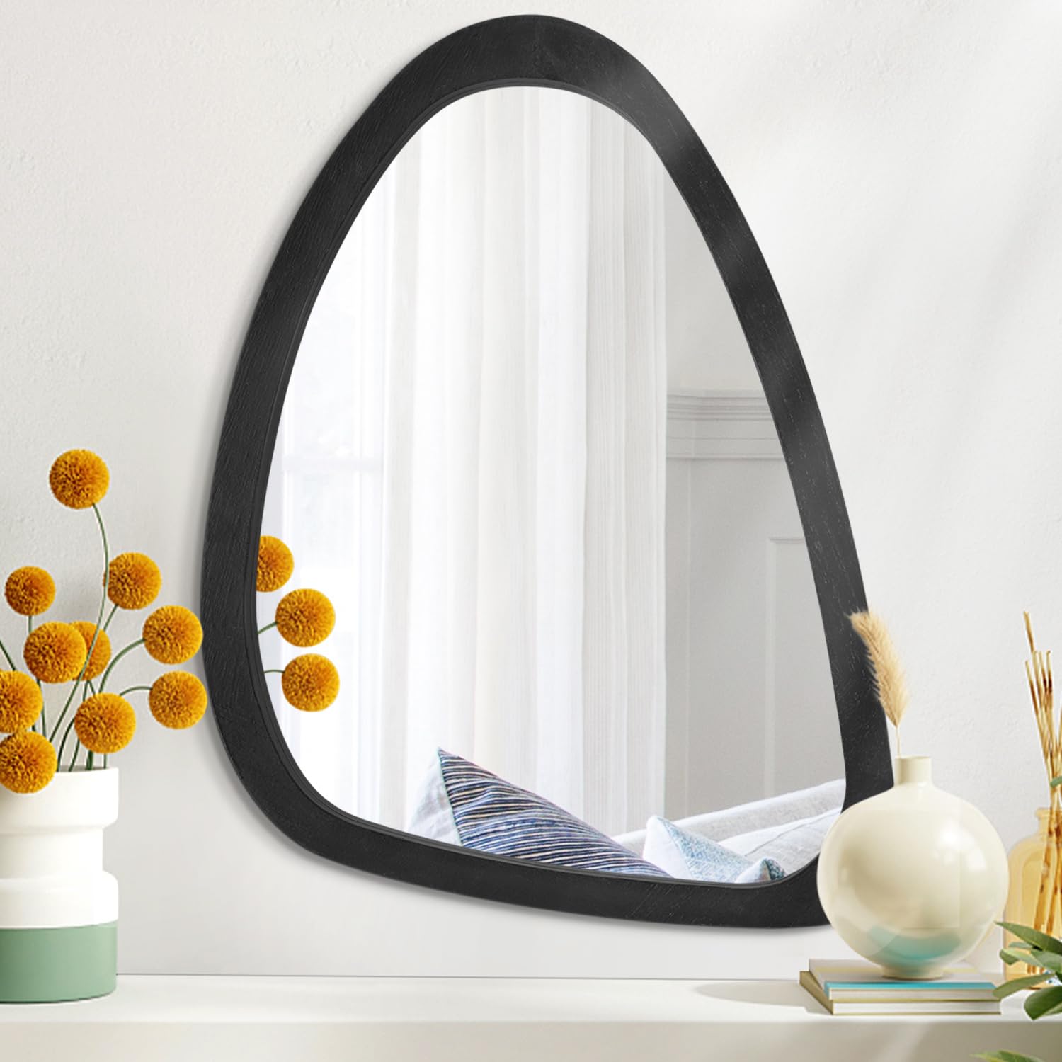 Asymmetrical Mirror for Wall Decor Large 65 x 45 cm Modern Oval Wooden Framed Wall Mirrors Unique Shape Vanity Artistic Mirror Decorative for Living Room Bedroom Bathroom Entryway Black