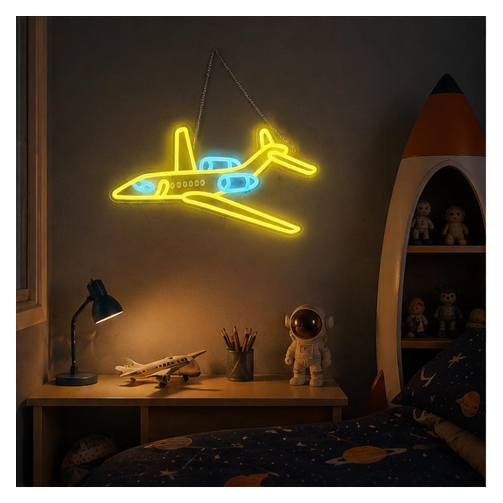 Decoración Lámparas Letrero De Neón De Avión, Luces Amarillas Y Azules Regulables Con Alimentación Por USB, Para Dormitorio Infantil, Sala De Juegos, Tienda, 43.4x24cm