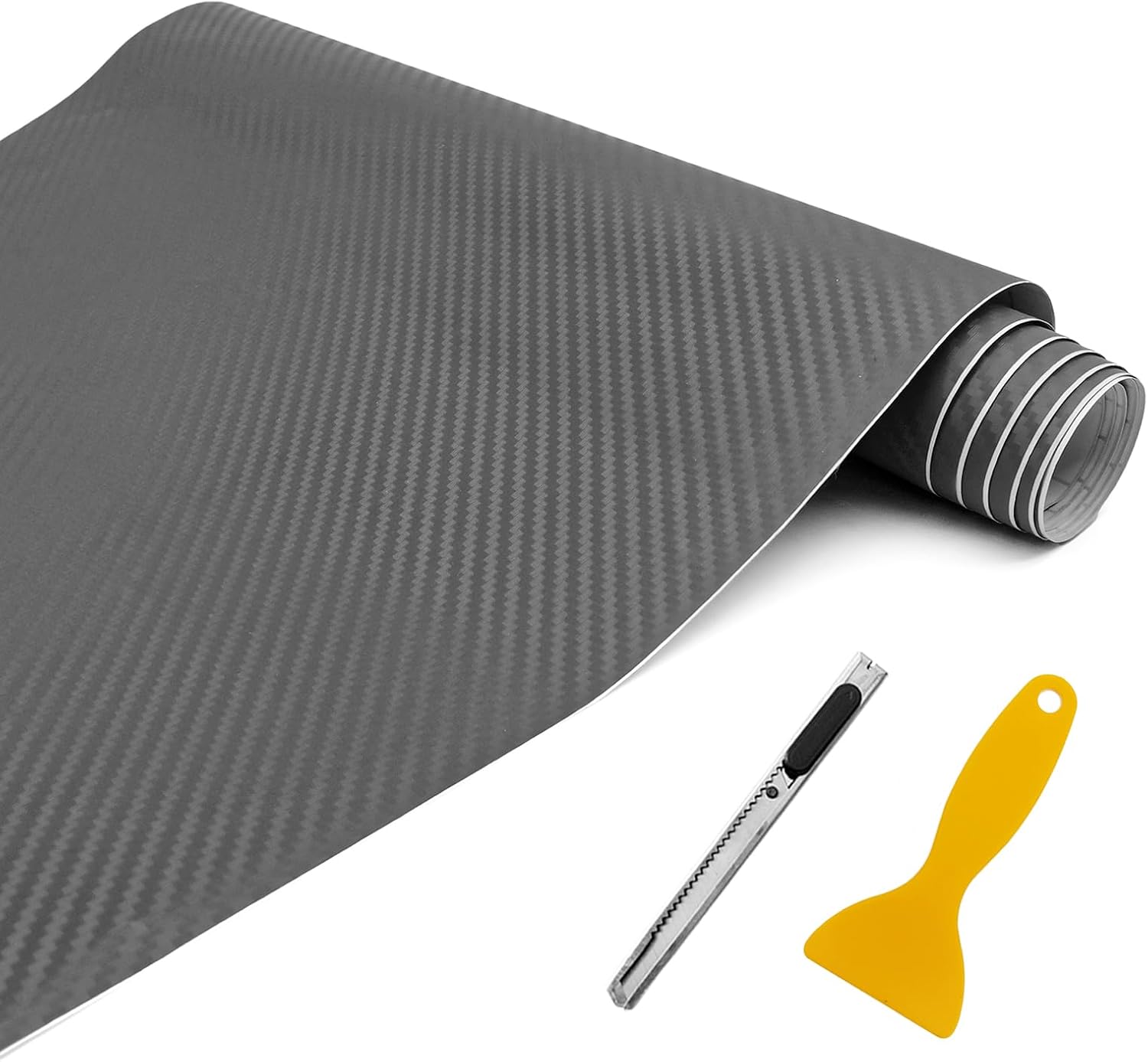 3D Matte Twill Carbon Fiber Car Vinyl Wrap, 12 x 60 inches Outdoor Rated for Automotive Use, Contain Knife and Hand Tool, Grey