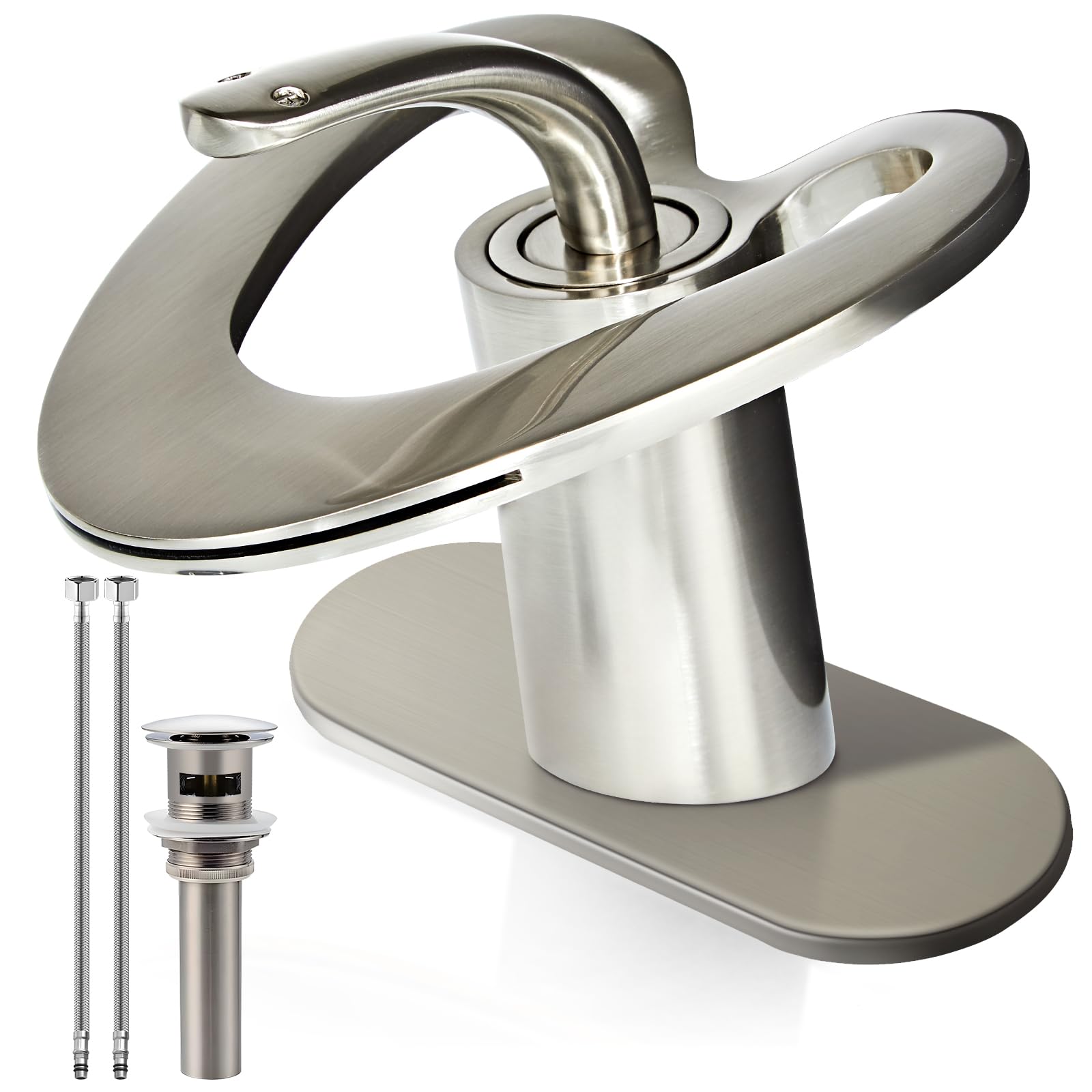 Sxithgkdw Brushed Nickel Bathroom Faucet, Waterfall Single Handle Bathroom Faucets, Unique Single Hole Faucet With Deck Plate For 3 Hole Bathroom Sink