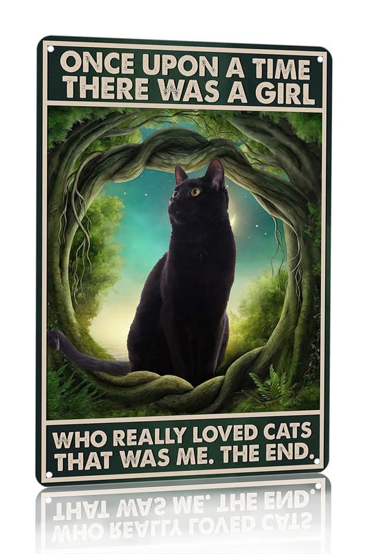Targa Decorativa In Metallo Con Gatto Nero E Scritta 'C'era Una Volta Una Ragazza Che Amava I Gatti' - 20x30 Cm Per Casa E Cucina