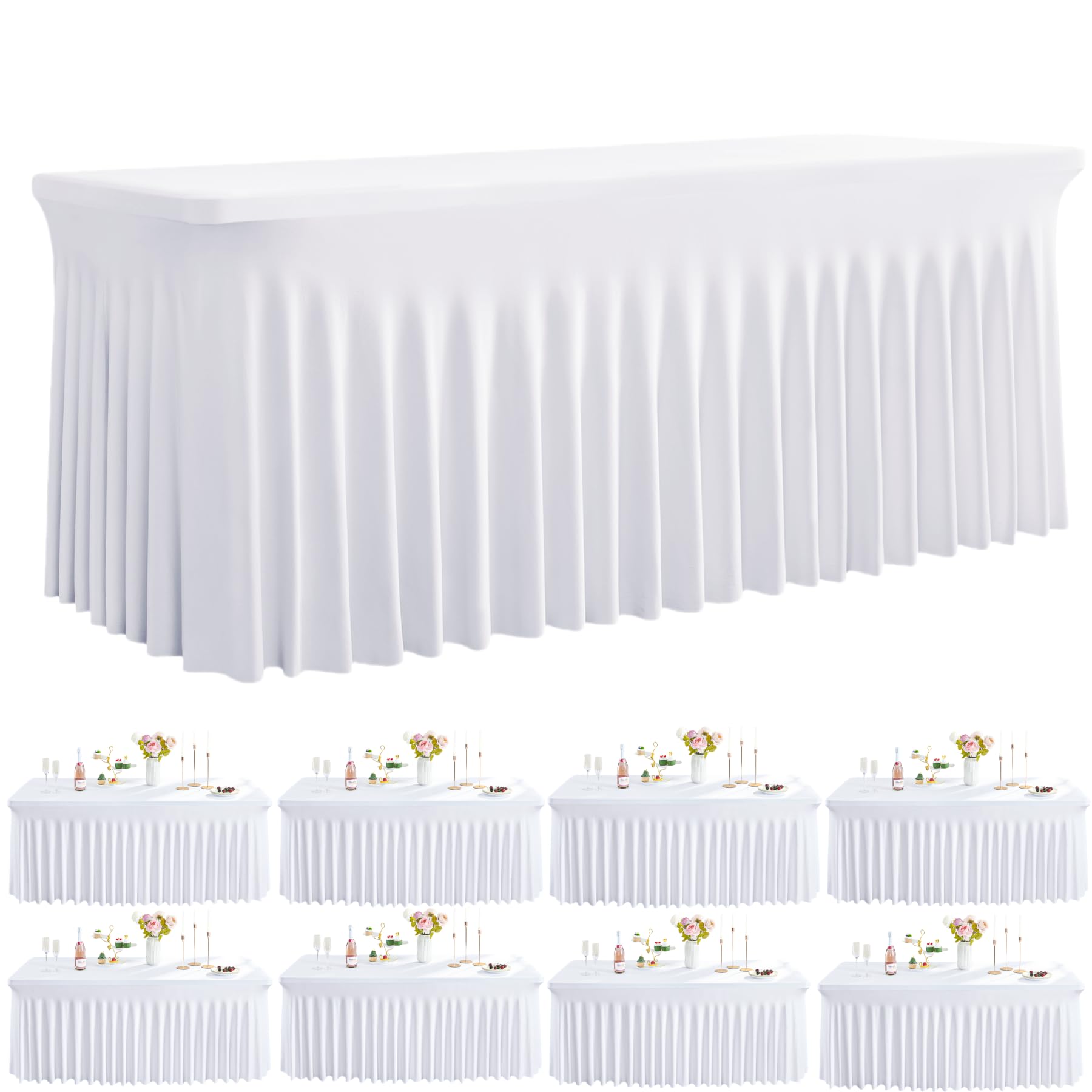 Outpain 8ft Spandex Table Cloth for Standard Folding Tables-8Pack White Table Cloth Table Protector for Party, Wedding, Cocktail, Banquet, Festival