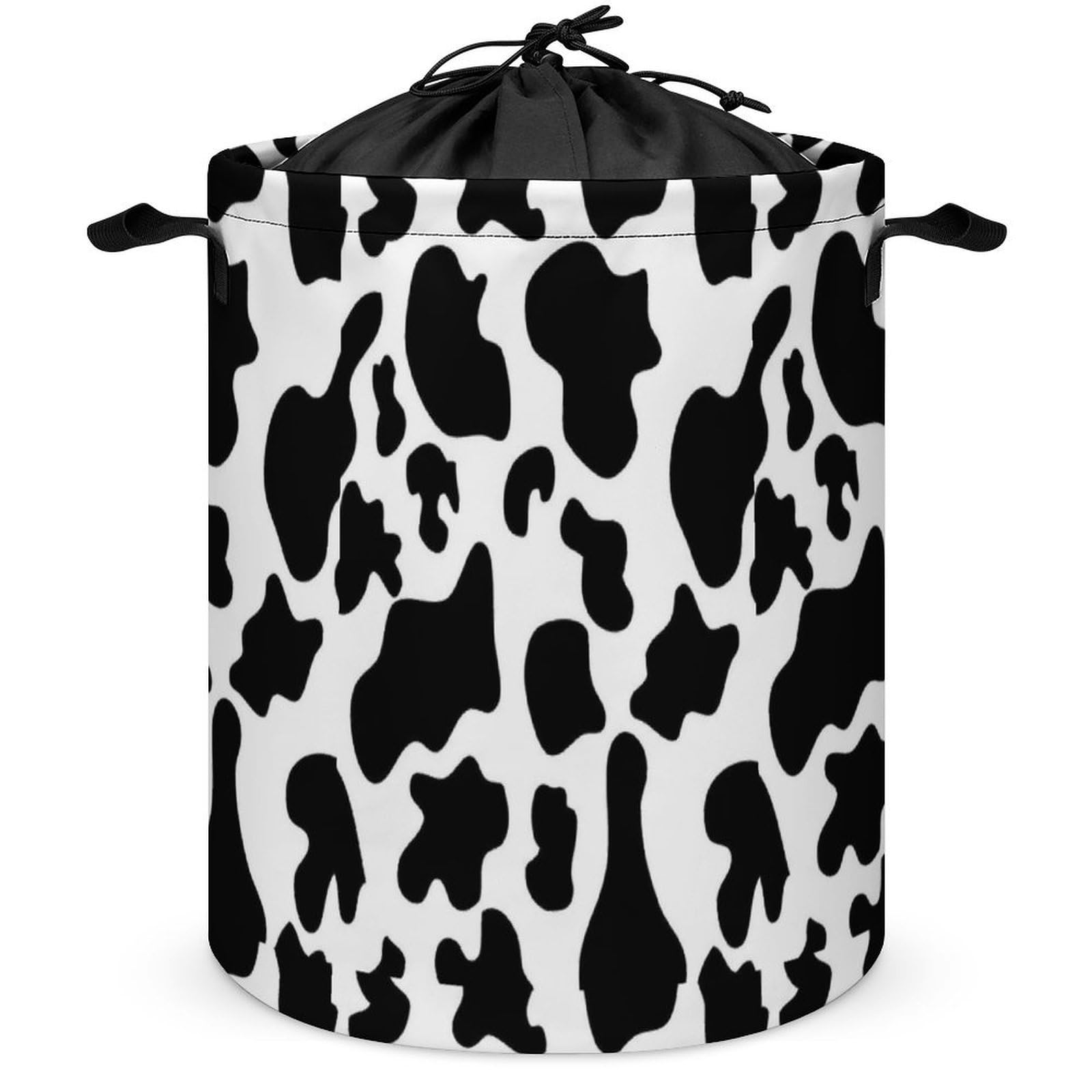 Qjjinxior Drawstring Laundry Hamper, Black Cow Print Laundry Basket, Washing Basket with Handle