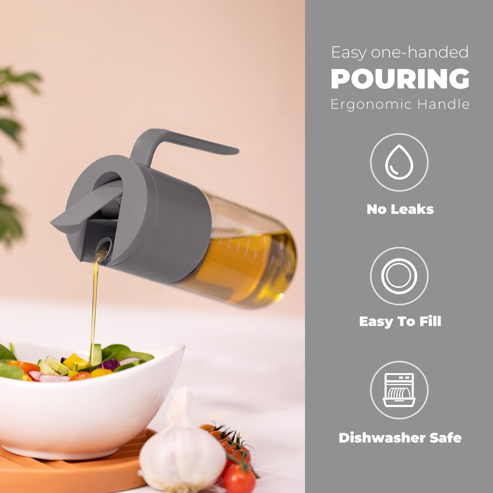 Zuutii Botella dispensadora de aceite de oliva de 18 onzas – Botella de vinagre de vidrio con boquilla antigoteo para cocina, dispensador de aceite y salsa, color gris