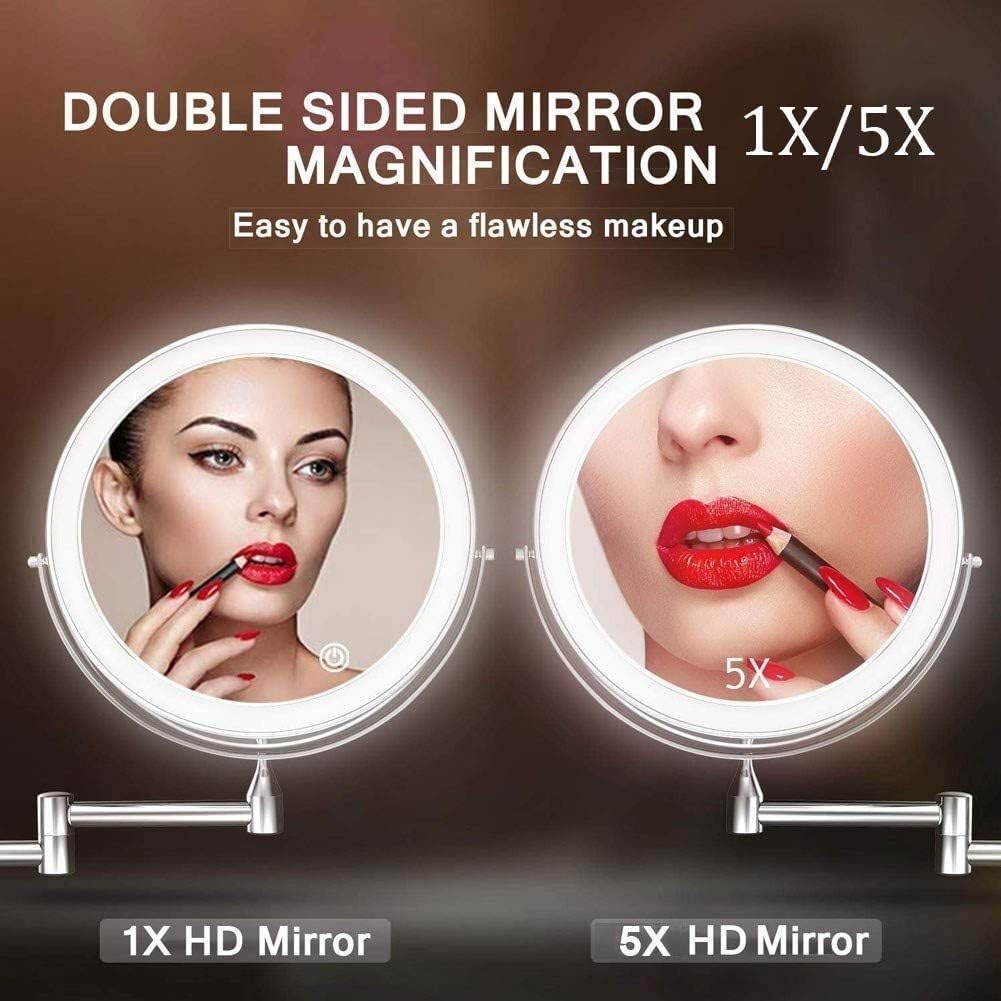Espejos de baño Espejo de Maquillaje montado en la Pared, Espejo de Aumento 5X de Doble Cara Giratorio de 360 ​​° Extensible (Color : Nero)