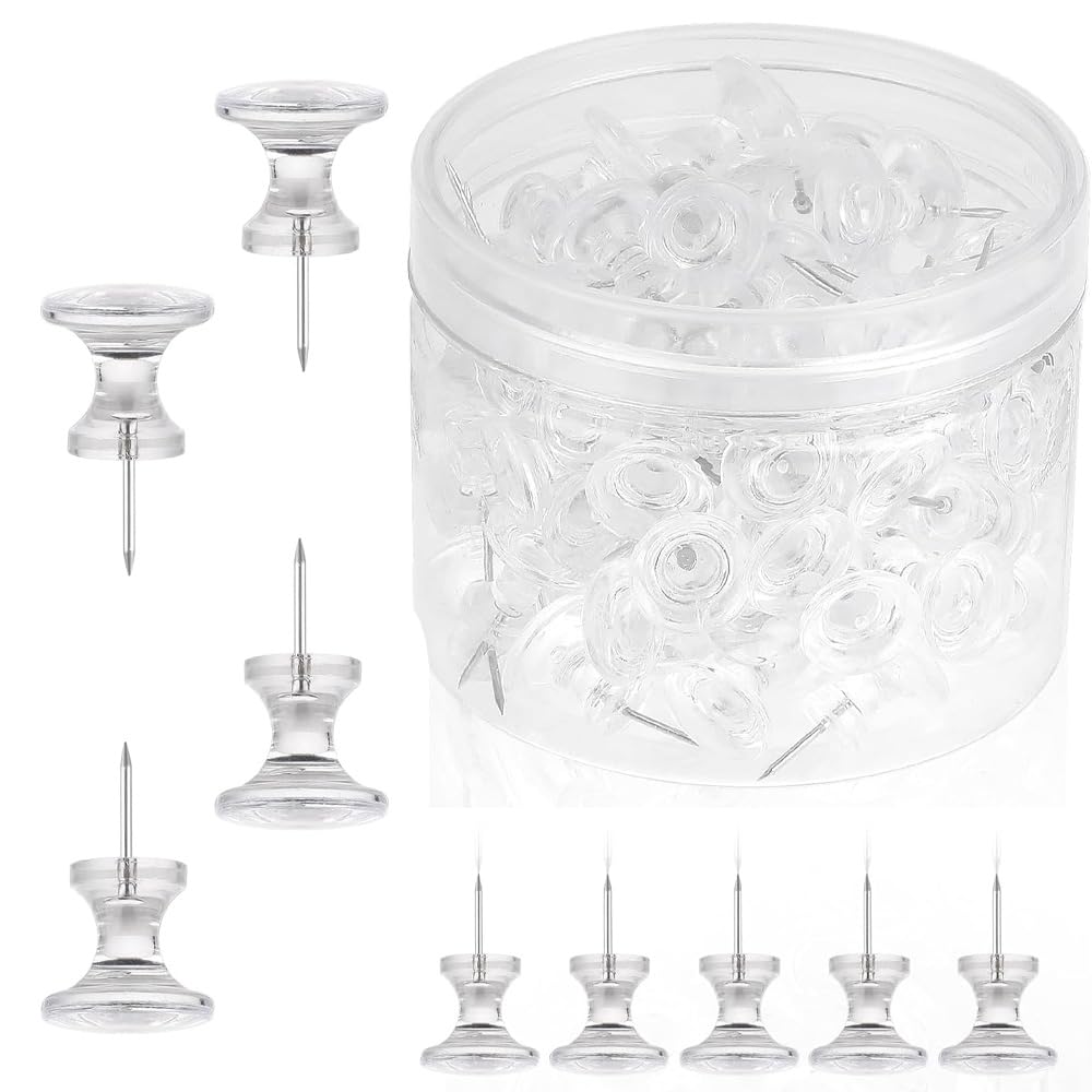100Pcs Giant Push Pins, 1 Inch Clear Thumb Tacks, Large Thumb Tacks, Plastic Heads Jumbo Push Pins for Cork Board, Bulletin Board, Office, School, Home (Clear)