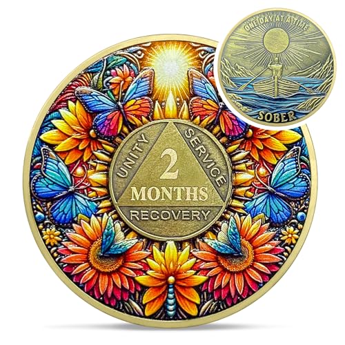 Image of Delicate Sunflower 2 Month Sobriety Coin - One Day at A Time 60 Day AA Sobriety Chip - Recovery Butterfly NA AA Chips and Medallions - 1-40 Years Living Clean Alcoholics Anonymous Gifts for Men Women
