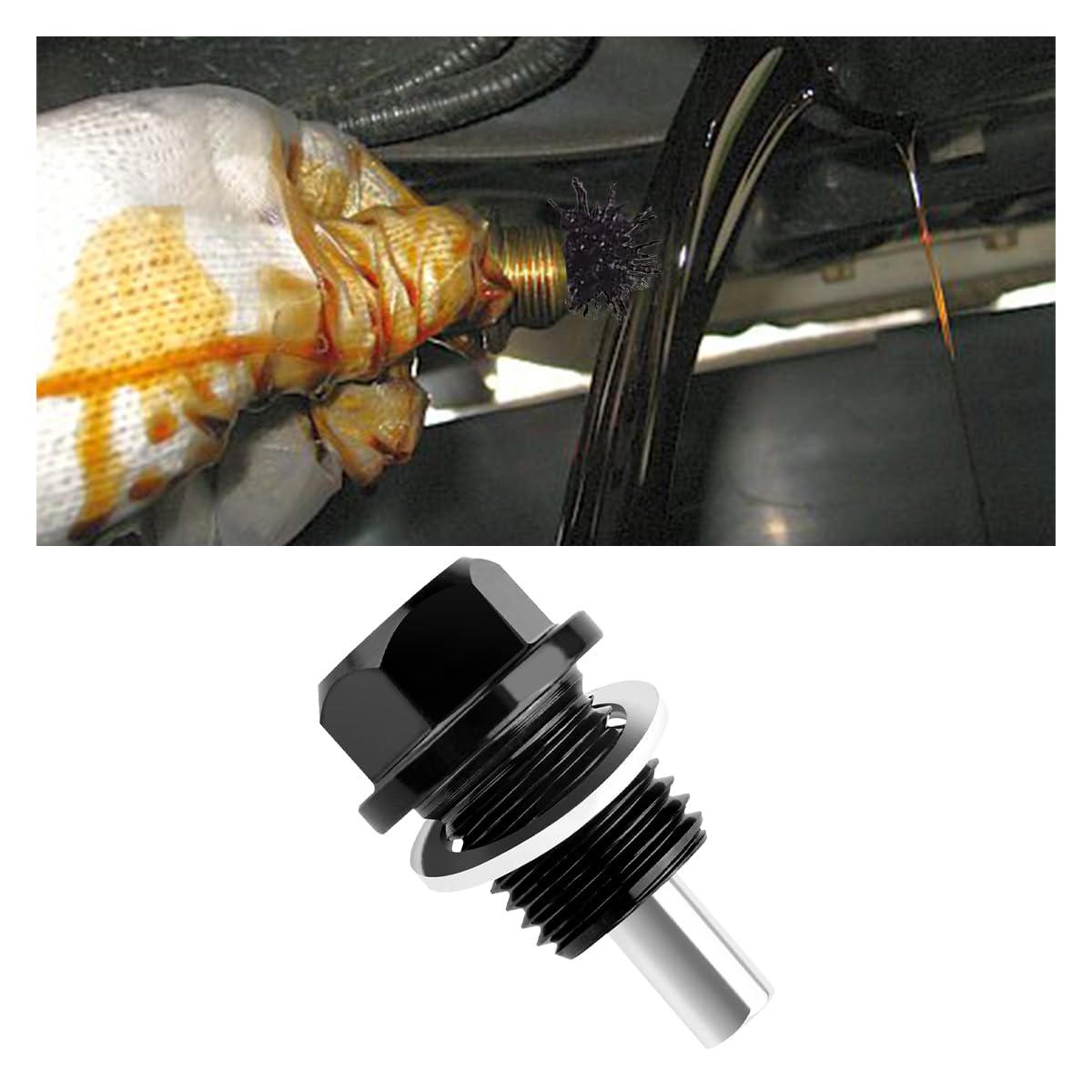 M14×1.5 Magnetic Oil Drain Plug, Oil Pan Drain Nut Bolt Change Kit with Crush Washer Gaskets, Compatible with Most Ford, GM, Hyundai, KIA and Accord, Civic, Pilot, Odyssey (Black)