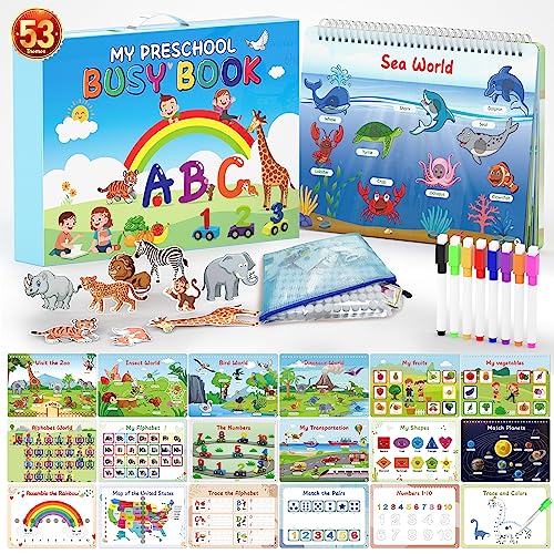 WJPC 53 Designs Busy Book for Toddlers 1,2,3,4,5,6 Years. Preschool Learning Busy Board Kids Boys&Girls Quiet Montessori Toddler Activity Book, Tracing Coloring Book